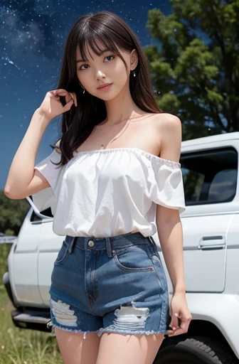 a lot of details, (slender waist), 30 years old, detailed black hair, beautiful detailed hair, super fucking beautiful, complex details beautiful and delicate eyes, perfect hands, (small breasts best quality), perfect and delicate limbs, detailed skin, best quality, ultra-detailed, grassland, forest, happy, cheerful grin, walking, hands on head, long hair, (white off shoulder), (denim shorts), Pickup truck with large diameter tires,in the grassland, surrounded by stars and a meteor shower, at midnight, full body shot, from front, ground-level shot, impressive panoramas, moonlight, wide-angle lens, long exposure,