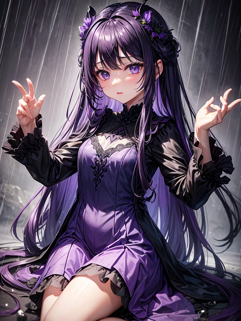 Violet long hair have violet wings black eyes wearing violet angelic dress in middle of rain