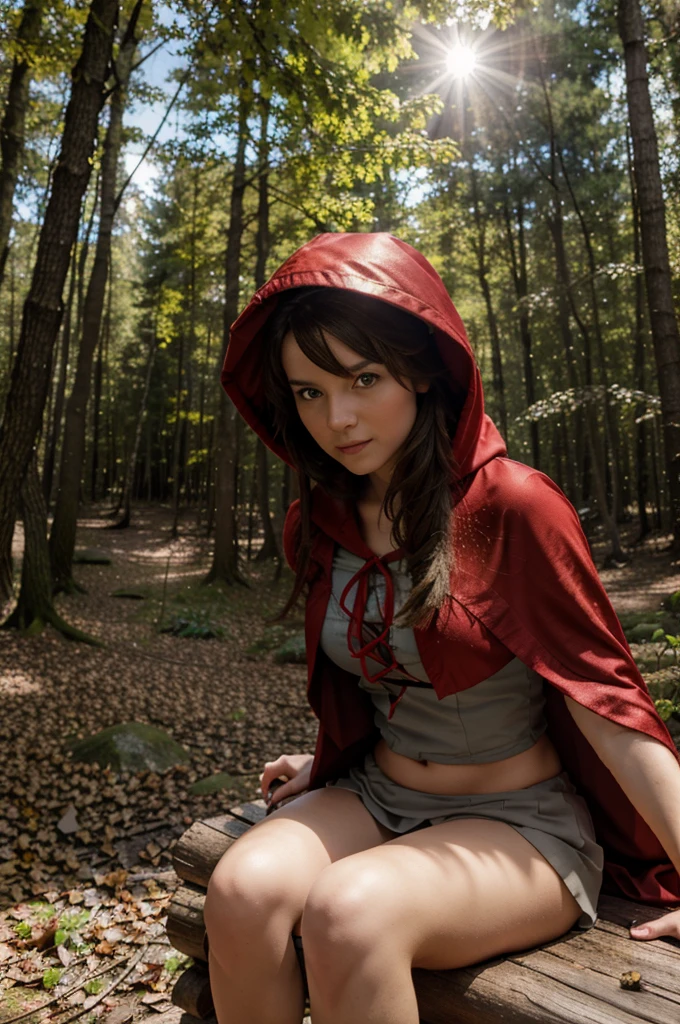 8k, fotografisch, Little Red Riding Hood, im Wald, auf Baumstamm sitzt, sehr kurzes Rock, perfekte Beine, Sonnenschein
