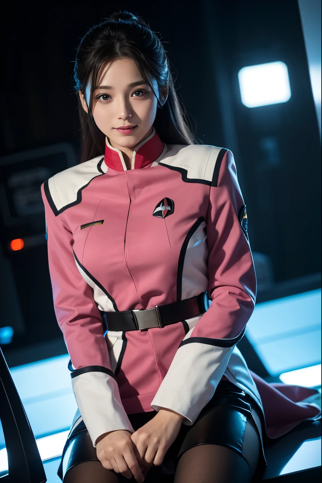 Tabletop, highest quality, 8k、(Golden ratio face、Balanced Eyes、Very gentle eyelids)、double eyelid、Innocent face、Young Face、Beautiful nose、Embarrassed laugh、Lip gloss 、Very beautiful girl、Beautiful girl solo like a model、 Wearing Starfleet uniforms, Starfleet uniform、Clear costume design、Blue Hair、Put the headset on your head、Skirt、pantyhose、Android、battleship cockpit,ＳＦworld,Anime World Girl、Futuristic Background、