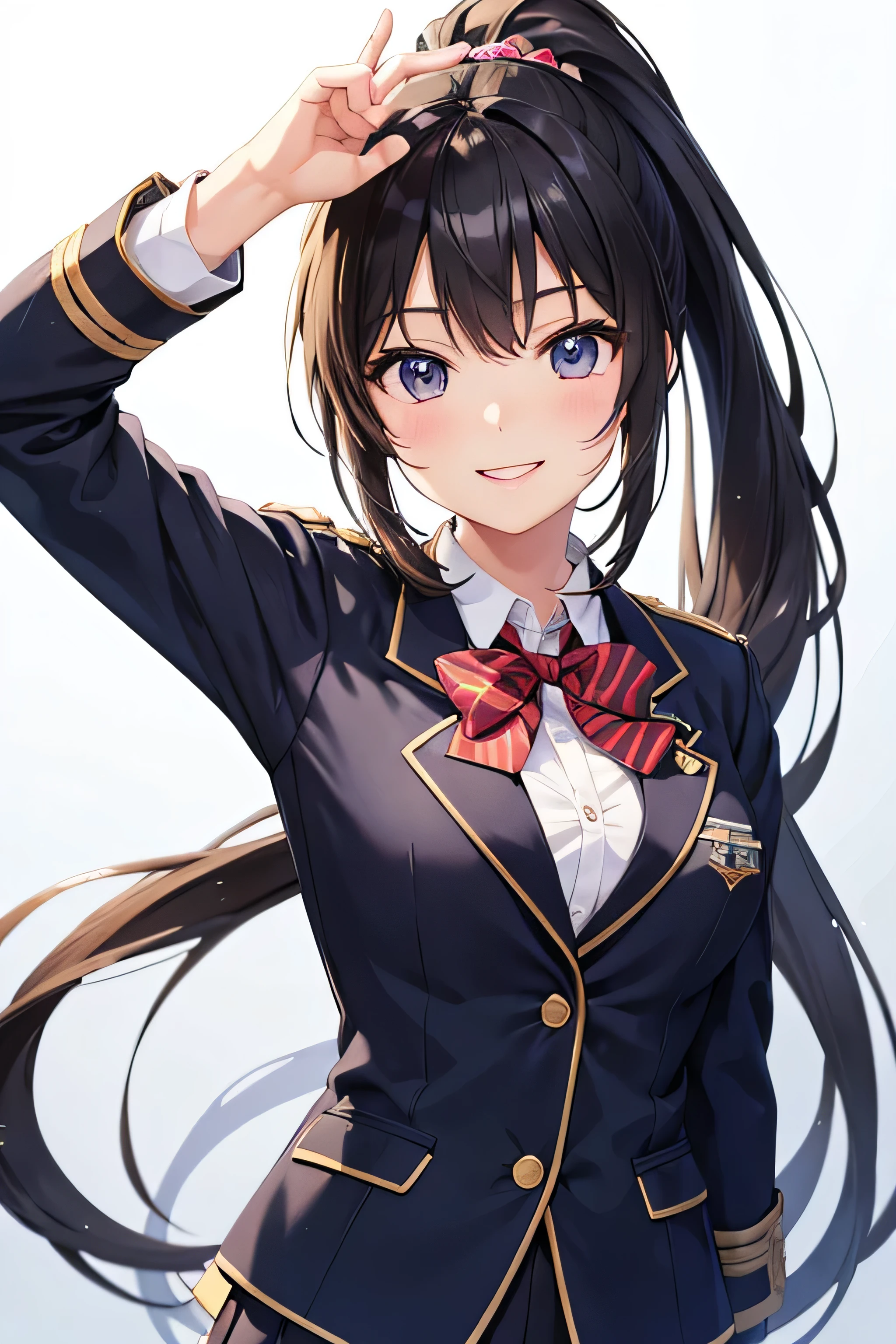 ((masterpiece、highest quality))、An illustration、Very detailed、high school girl、ponytail、uniform、blazer、smile