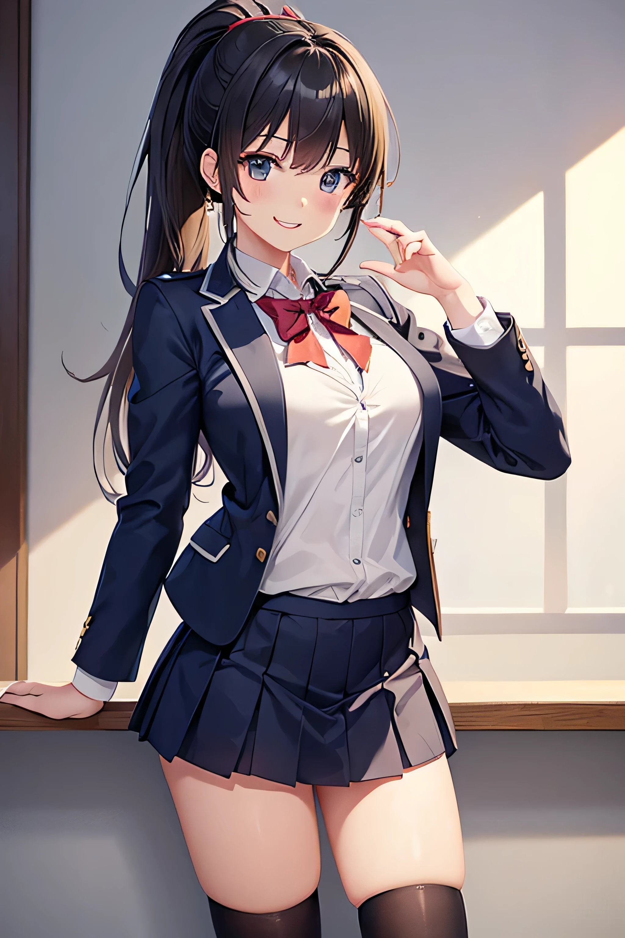 ((masterpiece、highest quality))、An illustration、Very detailed、high school girl、whole body、ponytail、uniform、blazer、smile