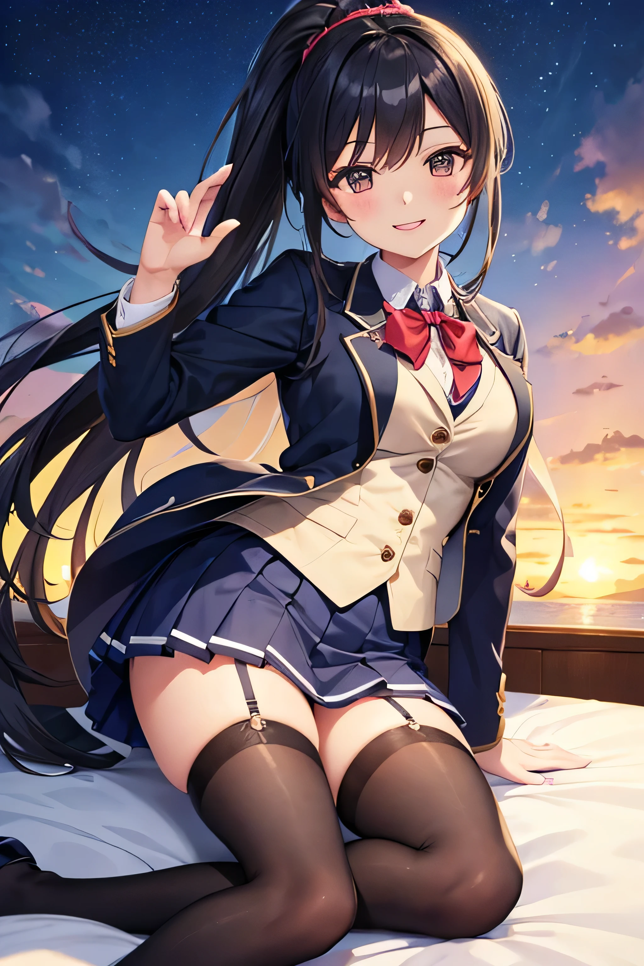 ((masterpiece、highest quality))、An illustration、Very detailed、high school girl、whole body、ponytail、uniform、blazer、smile、stockings