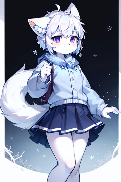 White cat，Prefer cats，Hairy body，skirt，Fluffy，No clothes，Blue Snowflake Hair Accessory，Q version，beautiful，simple art style，Cartoon Style，Standing，Purple Eyes，Blue ear hair, White hair on ear tips，tail blue，Tip white，winter，snow，paw