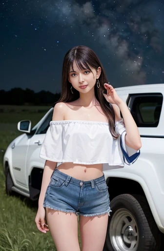 a lot of details, (slender waist), 30 years old, detailed black hair, beautiful detailed hair, super fucking beautiful, complex details beautiful and delicate eyes, perfect hands, (small breasts best quality), perfect and delicate limbs, detailed skin, best quality, ultra-detailed, grassland, forest, happy, cheerful grin, walking, hands on head, long hair, (white off shoulder), (cotton blue  shorts), Pickup truck with large diameter tires,in the grassland, surrounded by stars and a meteor shower, at midnight, full body shot, from front, ground-level shot, impressive panoramas, moonlight, wide-angle lens, long exposure,