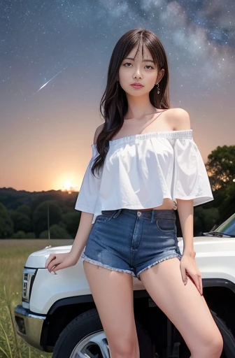 a lot of details, (slender waist), 30 years old, detailed black hair, beautiful detailed hair, super fucking beautiful, complex details beautiful and delicate eyes, perfect hands, (small breasts best quality), perfect and delicate limbs, detailed skin, best quality, ultra-detailed, grassland, forest, happy, cheerful grin, walking, hands on head, long hair, (white off shoulder), (cotton blue  shorts), Pickup truck with large diameter tires,in the grassland, surrounded by stars and a meteor shower, at midnight, full body shot, from front, ground-level shot, impressive panoramas, moonlight, wide-angle lens, long exposure,