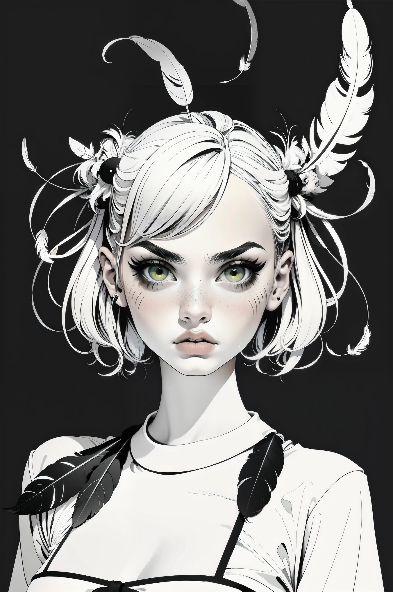 Partial Coloring, line style, (masterpiece, best quality:1.2), (Simple background:1.5), 1 girl, (Black and white feathers, Symmetrical composition:1.25)
