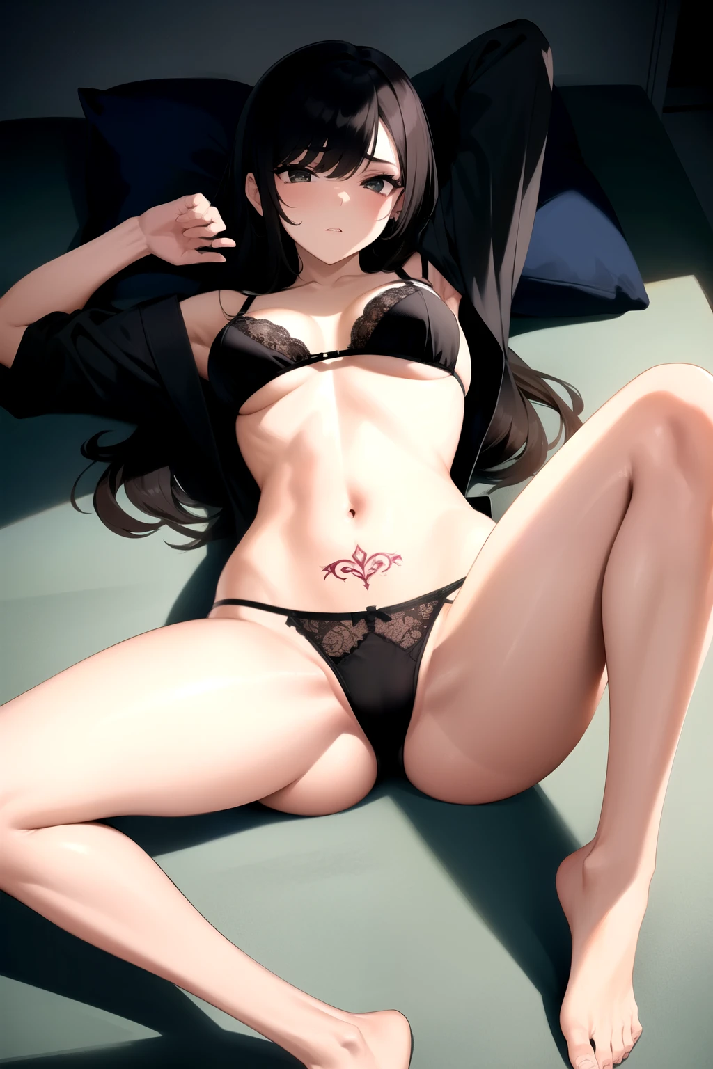 Girl ecxitada lying in a bra and black underwear, que este abriendo las piernas, Que tenga tatuajes, y en sus piernas tengan medias largas negras