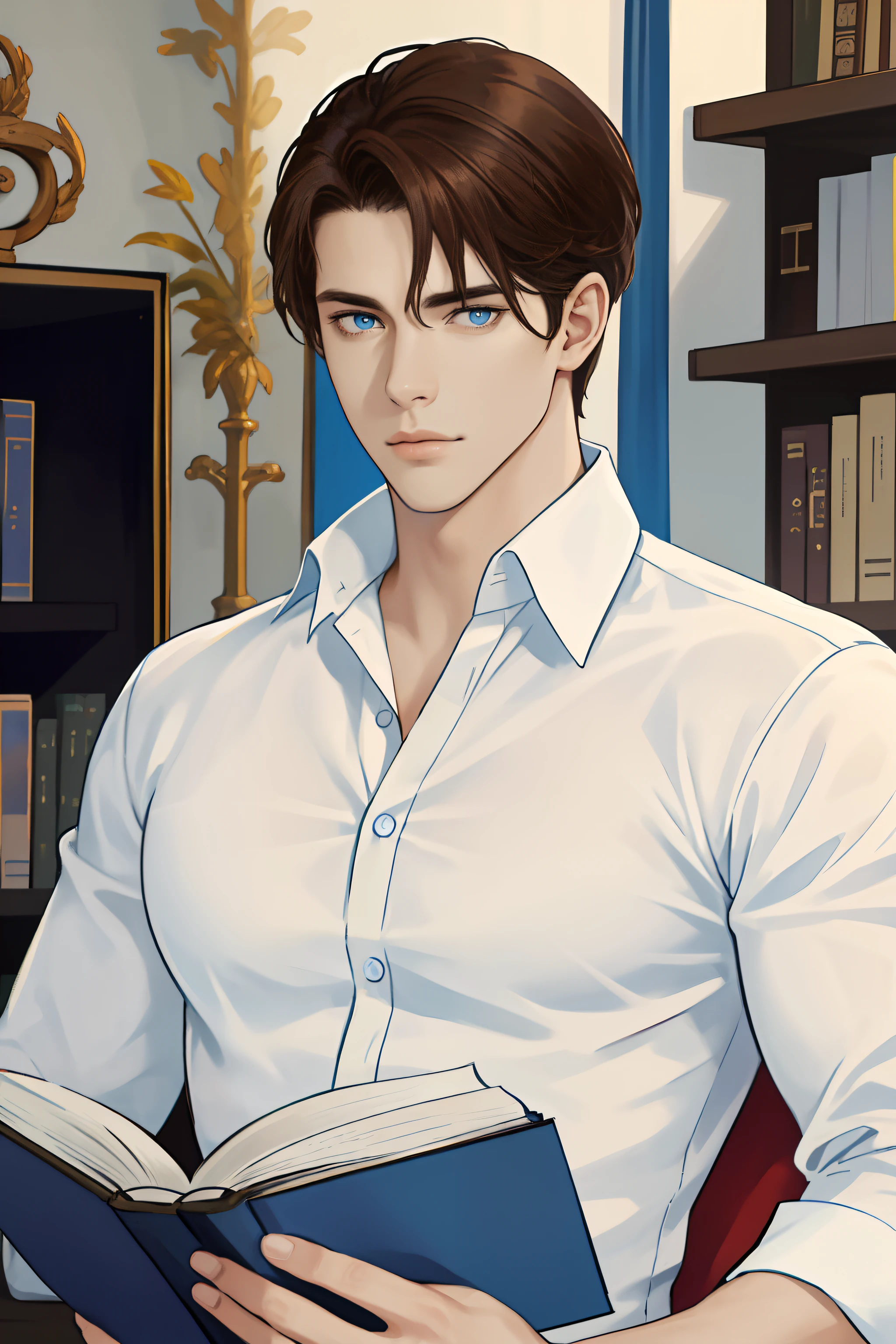 obra-prima, maximum quality, 1 pessoas do sexo masculino, Foco masculino, De forma alguma, um lindo, [sobrancelha grossa], retratos, rosto extra detalhado, cabelo castanho, olhos azuis,camisa branca,Reading a book in the office,