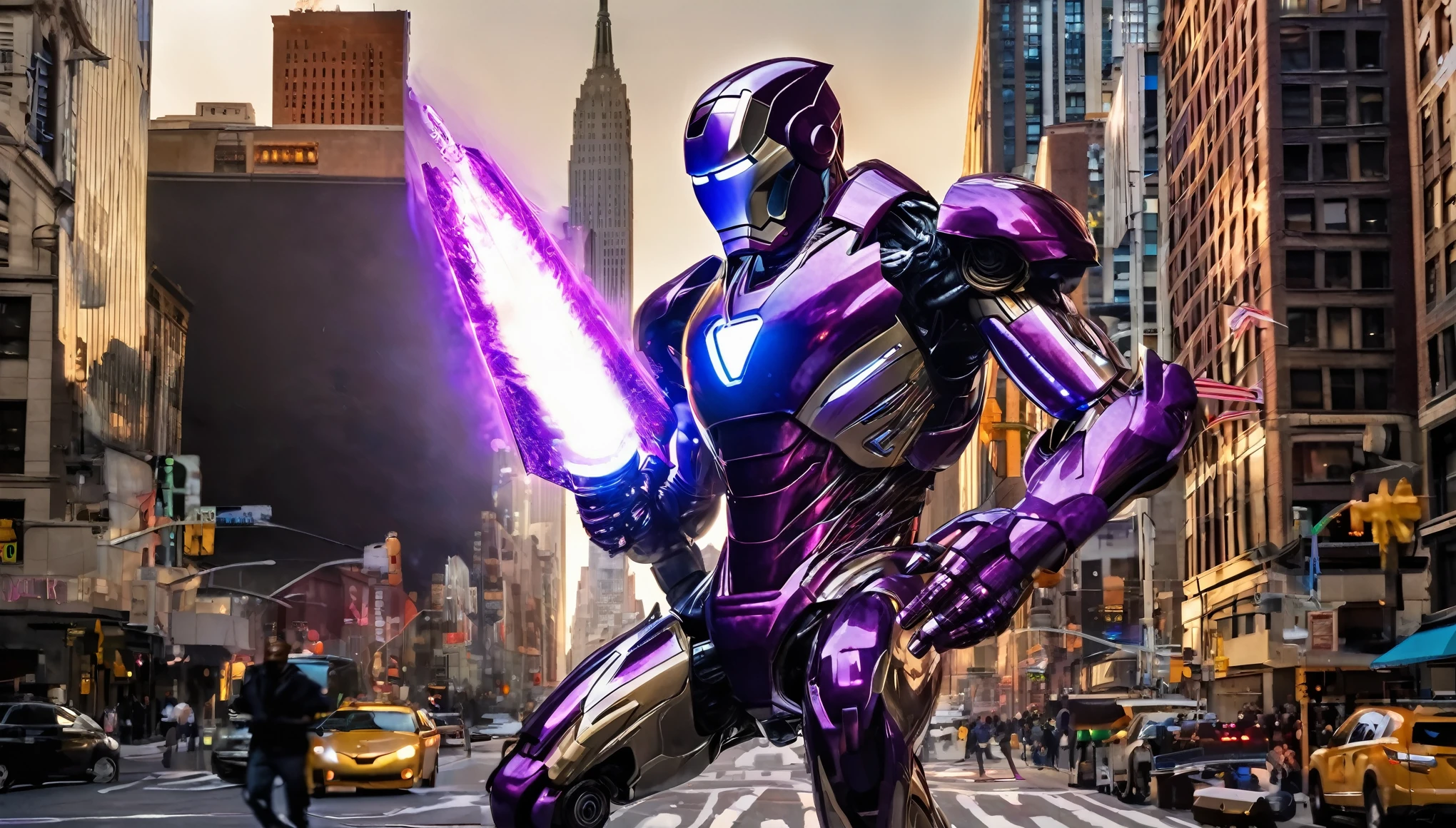 A alien violet gradient liquid metal robot wields terrible weapons to battle Marvel's Iron Man, downtown new york