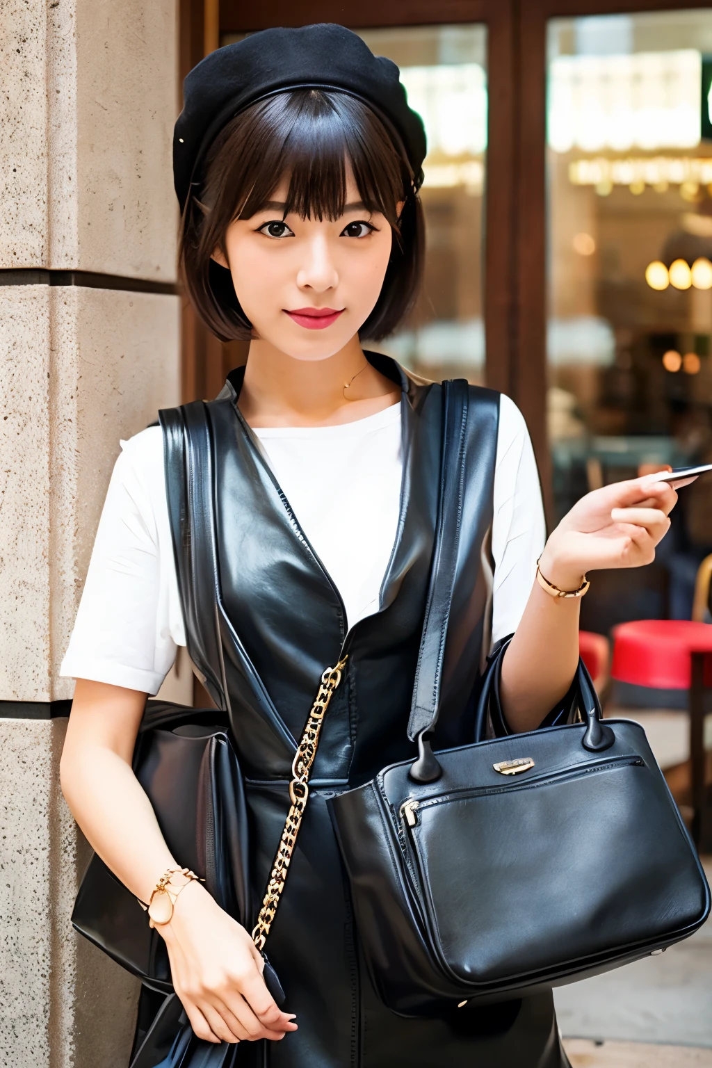 A Japanese woman with a fashionable look、Holding a black leather bag in a fashionable cafe
