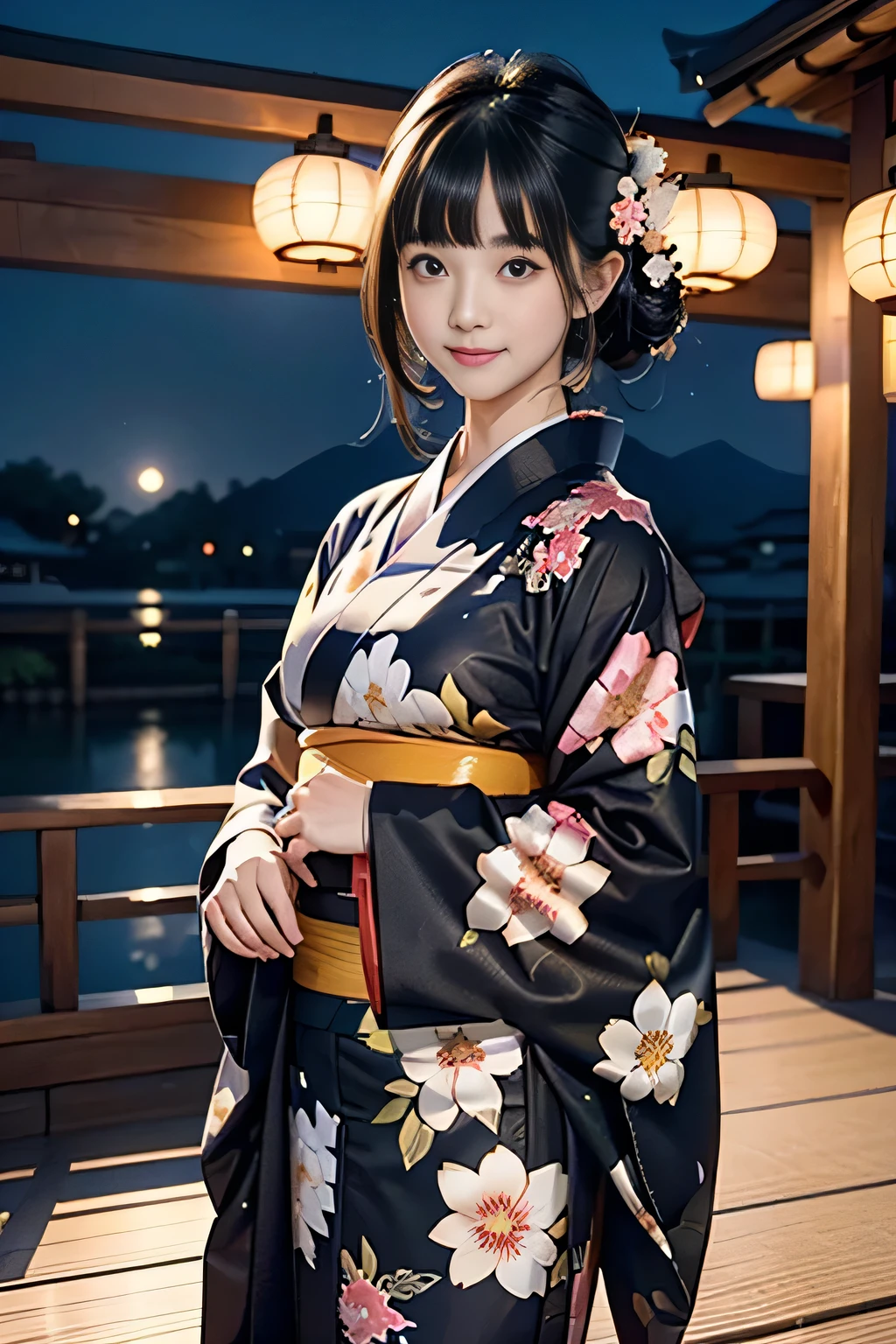 ♥(Japanese beautiful flower printed kimono,yukata),((1girl,cute,young,semi long beautiful black hair,blunt bangs,twin tales,beautiful eyes)),(solo),((masterpiece, highest resolution,best quality)), (beautiful illustration),(Japanese beautiful flower printed kimono,yukata),
(looking at the viewer), innocent smile,cinematic lighting,Japanese Festival,stall,fireworks,night sky,full moon,shooting star,