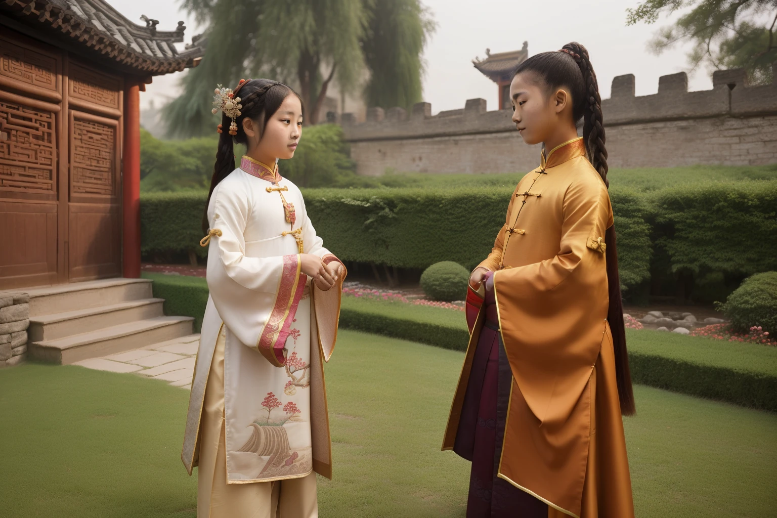 China, 1476. A young ((((15-year-old)) Tan Yunxian)), in a garden, with a friend, ((((chinese clothings from the 1470s)))), ((hairstyle of the 1470s)), ((colorful))