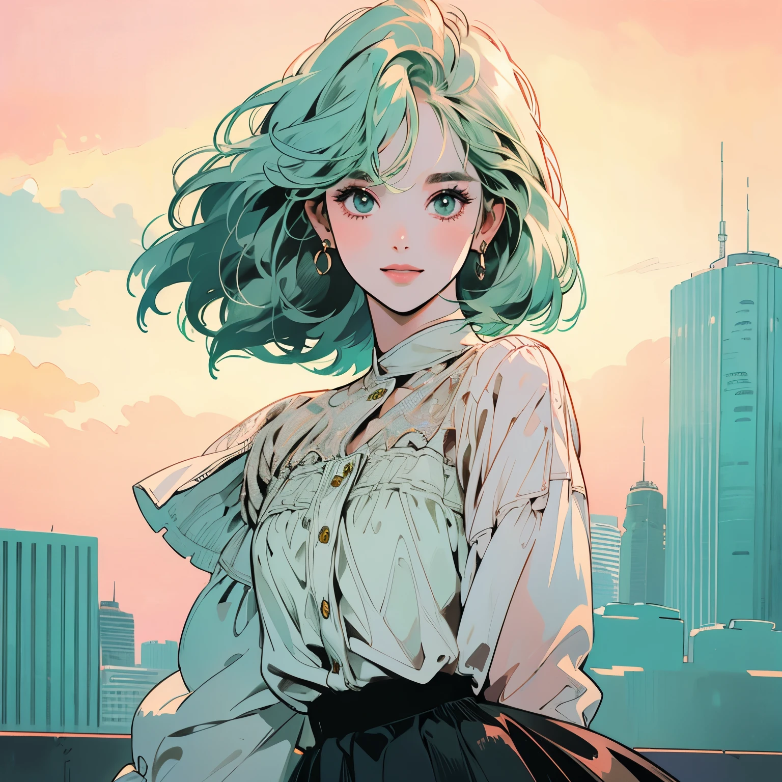 Anime girl with green hair and a white blouse standing in front of a ...