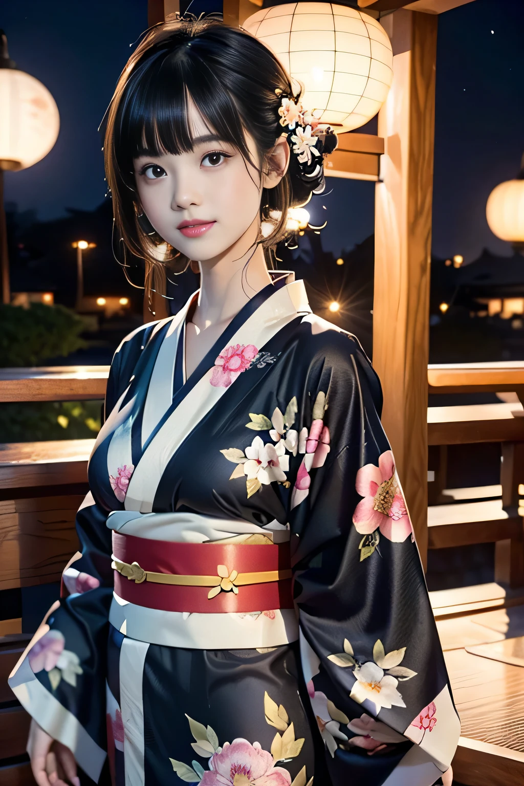 ♥(Japanese beautiful flower printed kimono,yukata),((1girl,cute,young,semi long beautiful black hair,blunt bangs,twin tales,beautiful eyes)),(solo),((masterpiece, highest resolution,best quality)), (beautiful illustration),(Japanese beautiful flower printed kimono,yukata),
 (looking at the viewer), innocent smile,cinematic lighting,Japanese Festival,stall,fireworks,night sky,full moon,shooting star,