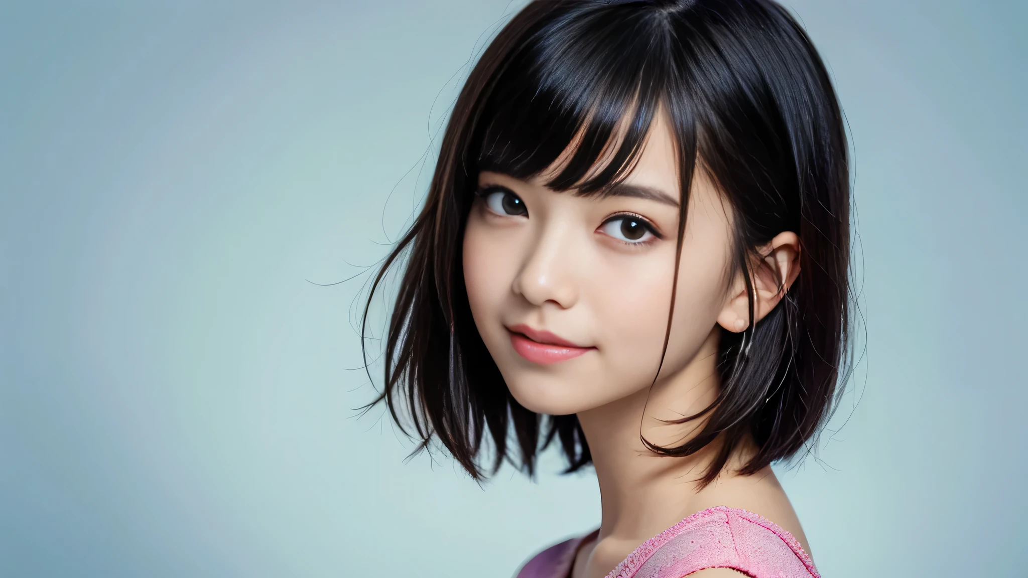 Anime style portrait of a girl with a dark violet bob cut looking into the camera, Bright Eyes, Baby Face, smile, Minimalistic backgrounds that emphasize characters, High Contrast, Clean Lines, Digital Painting, Vibrant colors, The girl has a bob cut hair, cut at the jaw line. Her hair is deep purple、The hair is parted in the middle of the forehead。, Barely peeking out from the eyebrows. The other short hair frames the face on either side of the bangs., Reaches just above the eyes, The side hair is cut above the ears. The hair on top has a little volume、It creates a rounded silhouette overall.. The hair texture is smooth, Shining and vibrant. Style the ends of your hair lightly inwards.