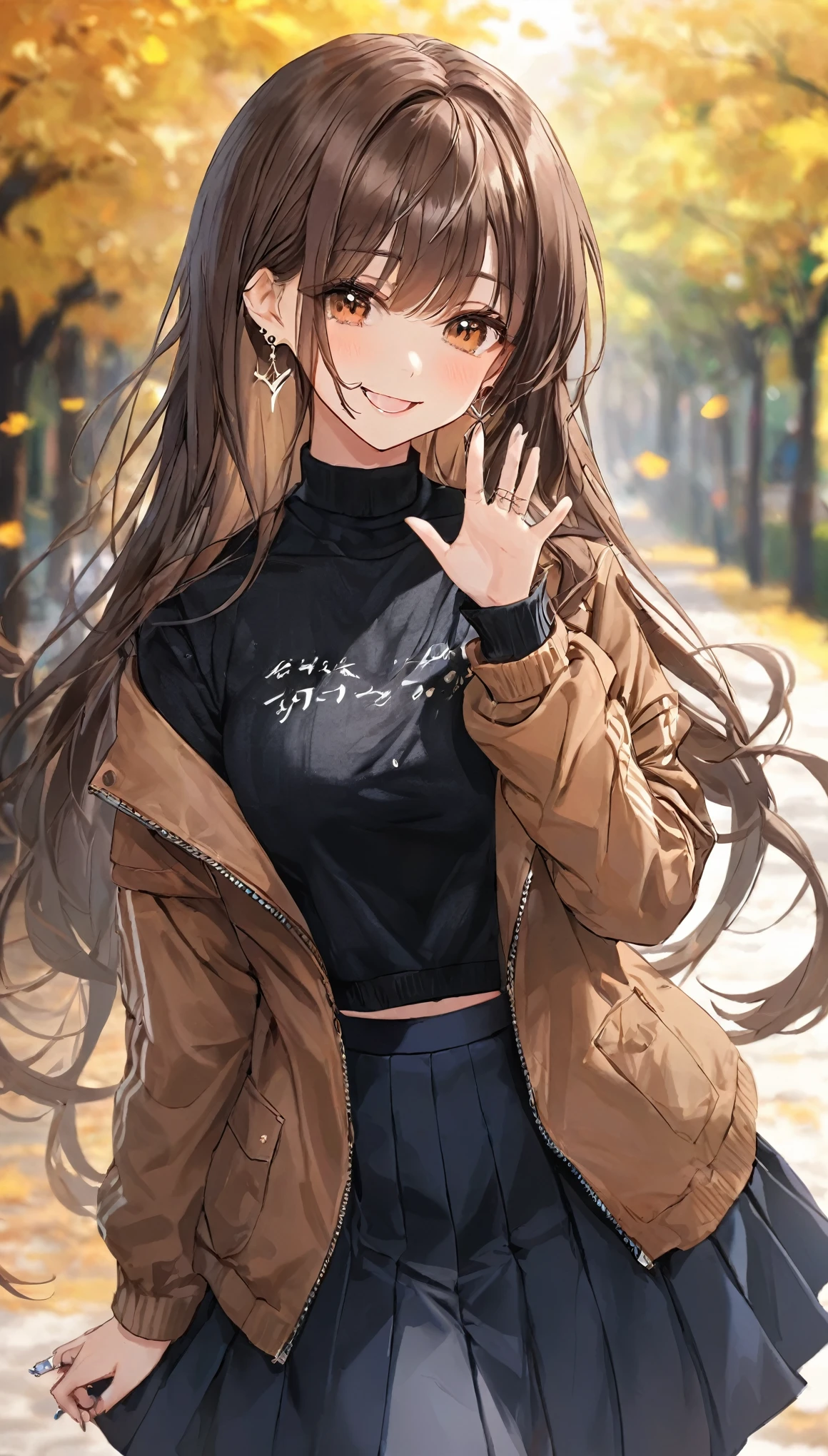 One girl, Ahoge, bangs, black skirt, black sweater, Blue Claws, Blurred, Blurred background, chest, Brown eyes, Brown Hair, brown Jacket, Mouth closed, Day付付き, Day, Depth of written boundary, Earrings, eyelash, Raise your hand, Tilt your head, Jacket, jewelry, Long Hair, Long sleeve, View Viewer, medium chest, Manicure, Open clothes, open Jacket, Outdoor, Pursed lips, Tucked in shirt, Side Lock, skirt, Sleeves are longer than the wrist, alone, sweater, Upper Body, zipper, smile, ((masterpiece)), 