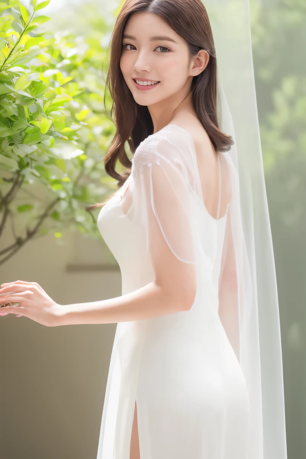 (highest quality、4k、8k、High resolution、master piece: 1.2)、Super detailed、(real、photorealistic、photorealistic: 1.37),((White see through Cape and elegant White llong dress)), ((hair in a ban)),Complex and beautiful eyes、woman、Feminine hairstyle、natural color lip、(( posing))、smile, standing in a museum ,Cute and sexy shot looking at the camera,