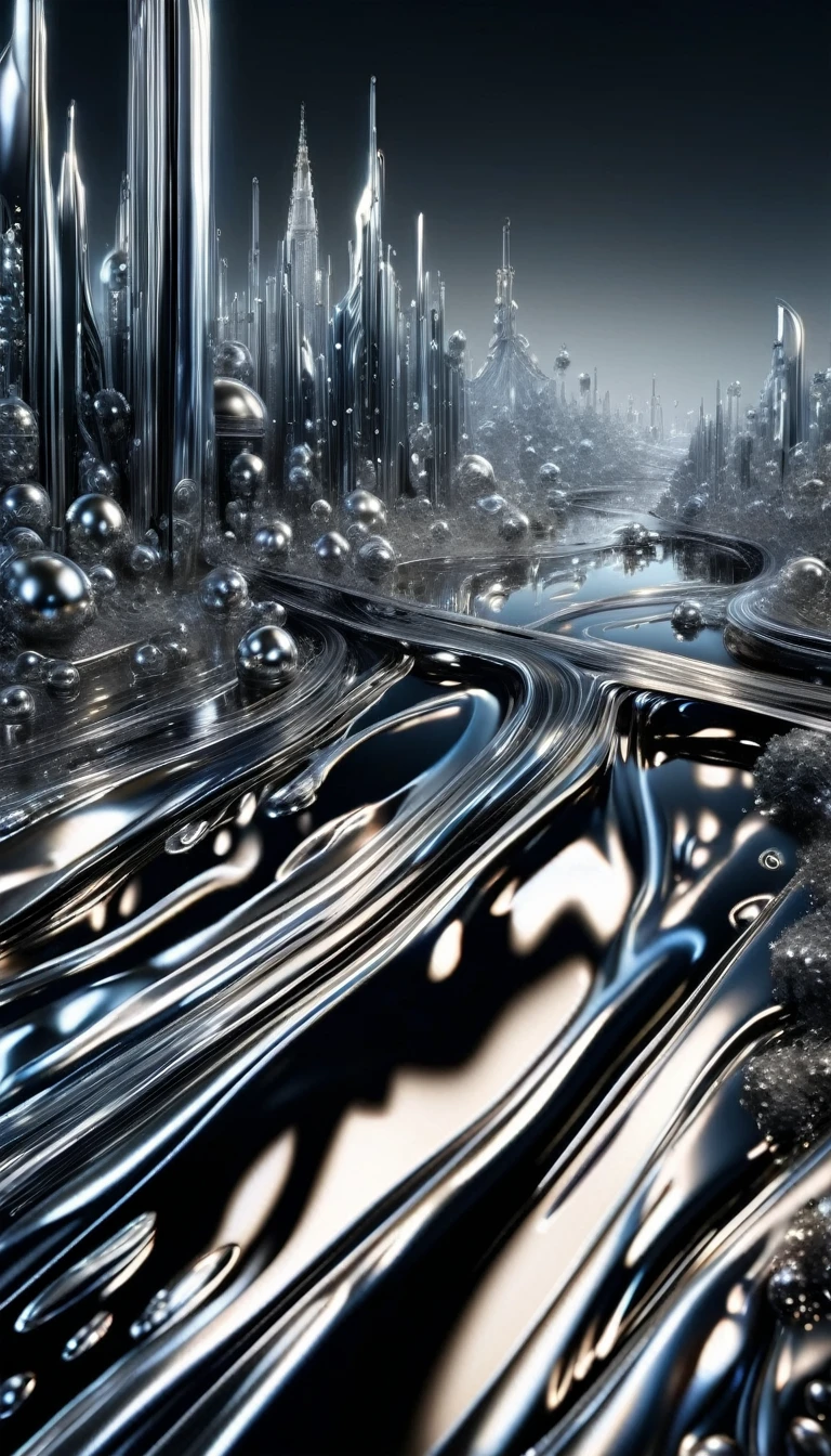 (watce),futuristic city\(liquid,metallic,silver\), BREAK ,backgrownd\((simple black:1.5),liquid\(metallic,silver\) flood,reflection\),quality\(8k,wallpaper of extremely detailed CG unit, ​masterpiece,hight resolution,top-quality,top-quality real texture skin,hyper realisitic,increase the resolution,RAW photos,best qualtiy,highly detailed,the wallpaper\),,dynamic angle,anime style