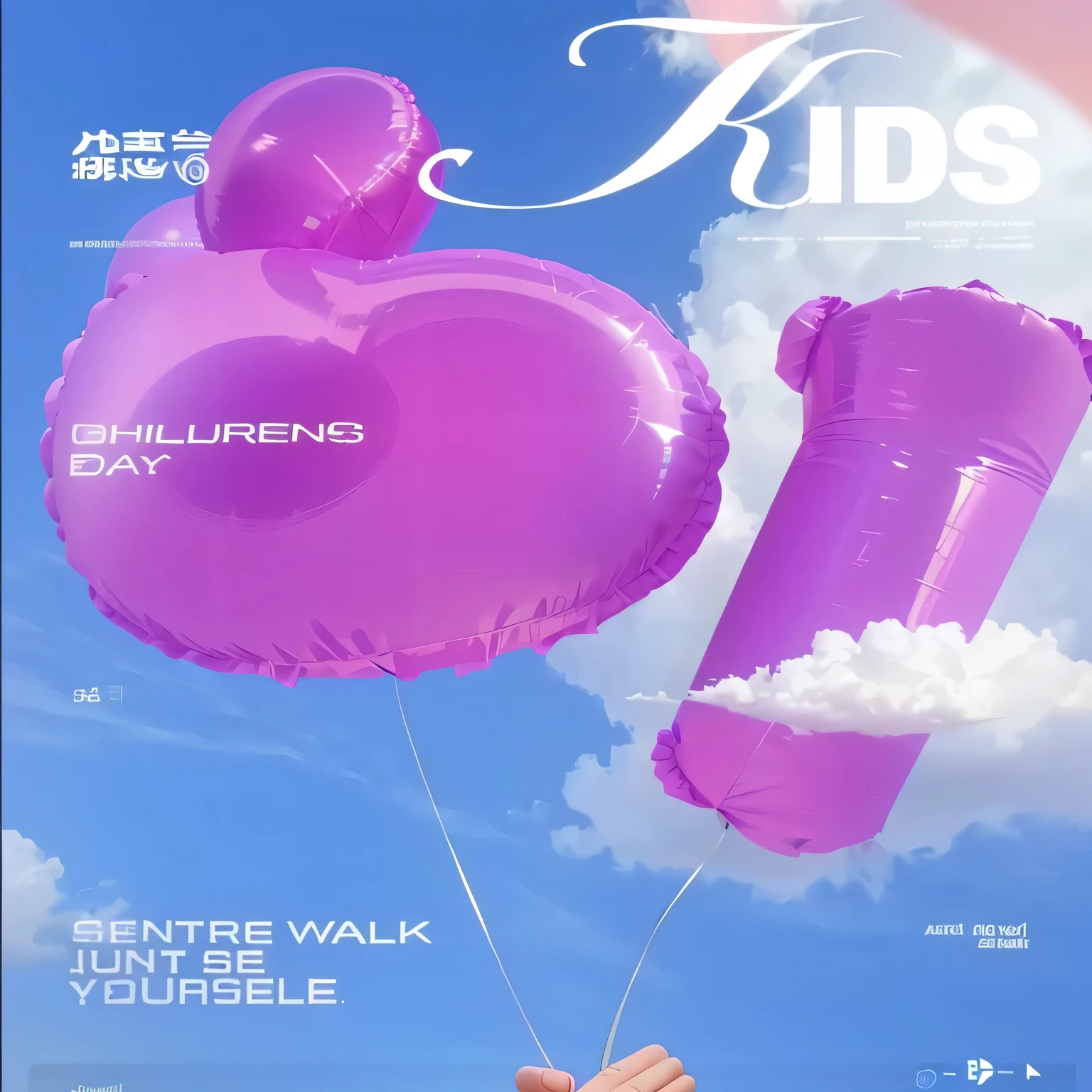 Up close, the poster, covered with a person holding a 61-shaped balloon, clouds, blue sky, advanced color scheme. C4D,4K HD, CG rendering, 16:9, modeling