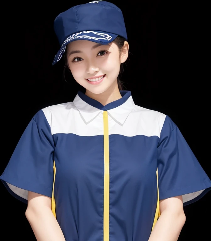 Japanese, Plump、Beauty, cute, double eyelid, girl, smile, White teeth are visible, Short sleeve, The skin of the arm is visible, A plain navy blue hat with a brim