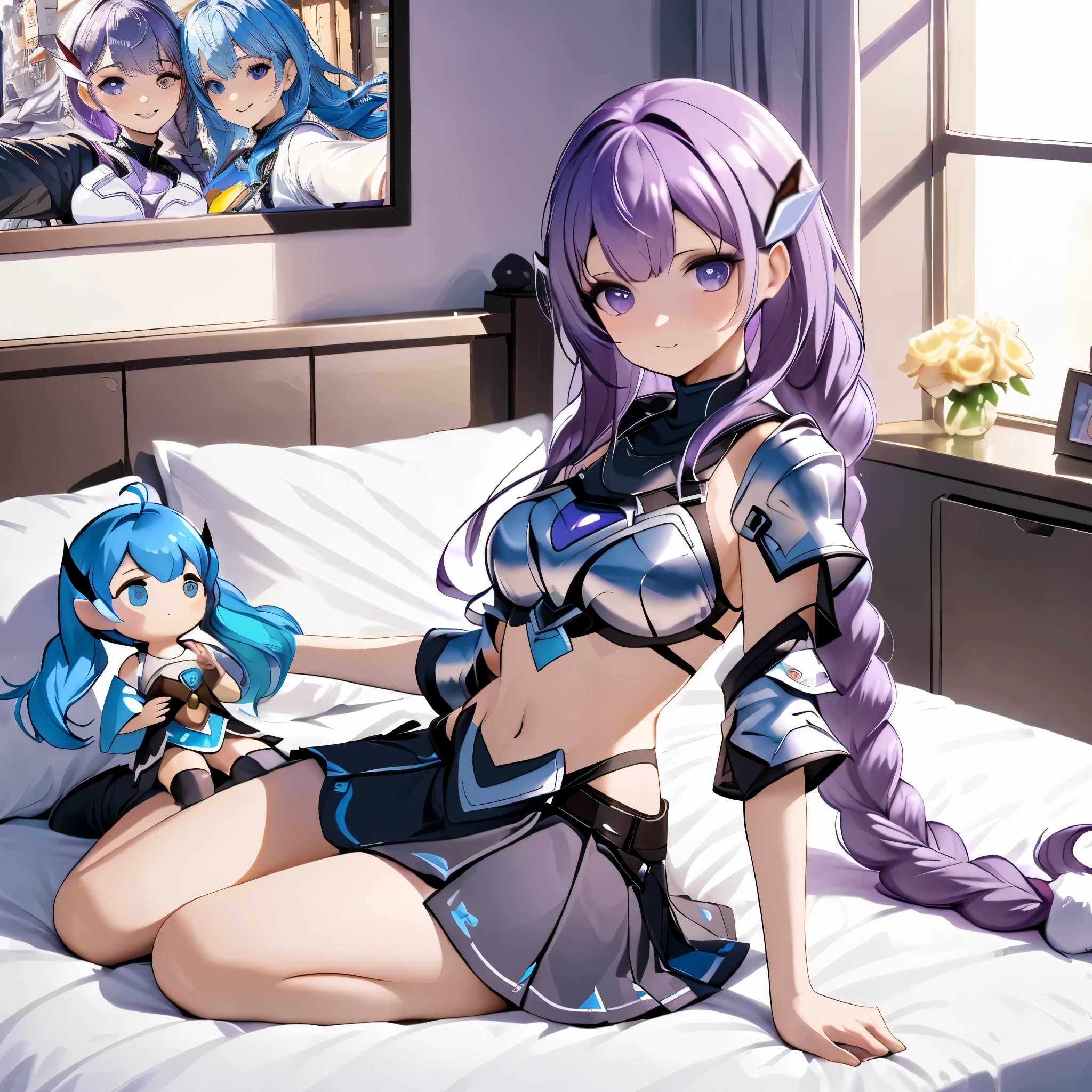 A purple hair,Bikini Armor,skirt,Round chest,Holding a doll with blue hair,Sitting on the bed