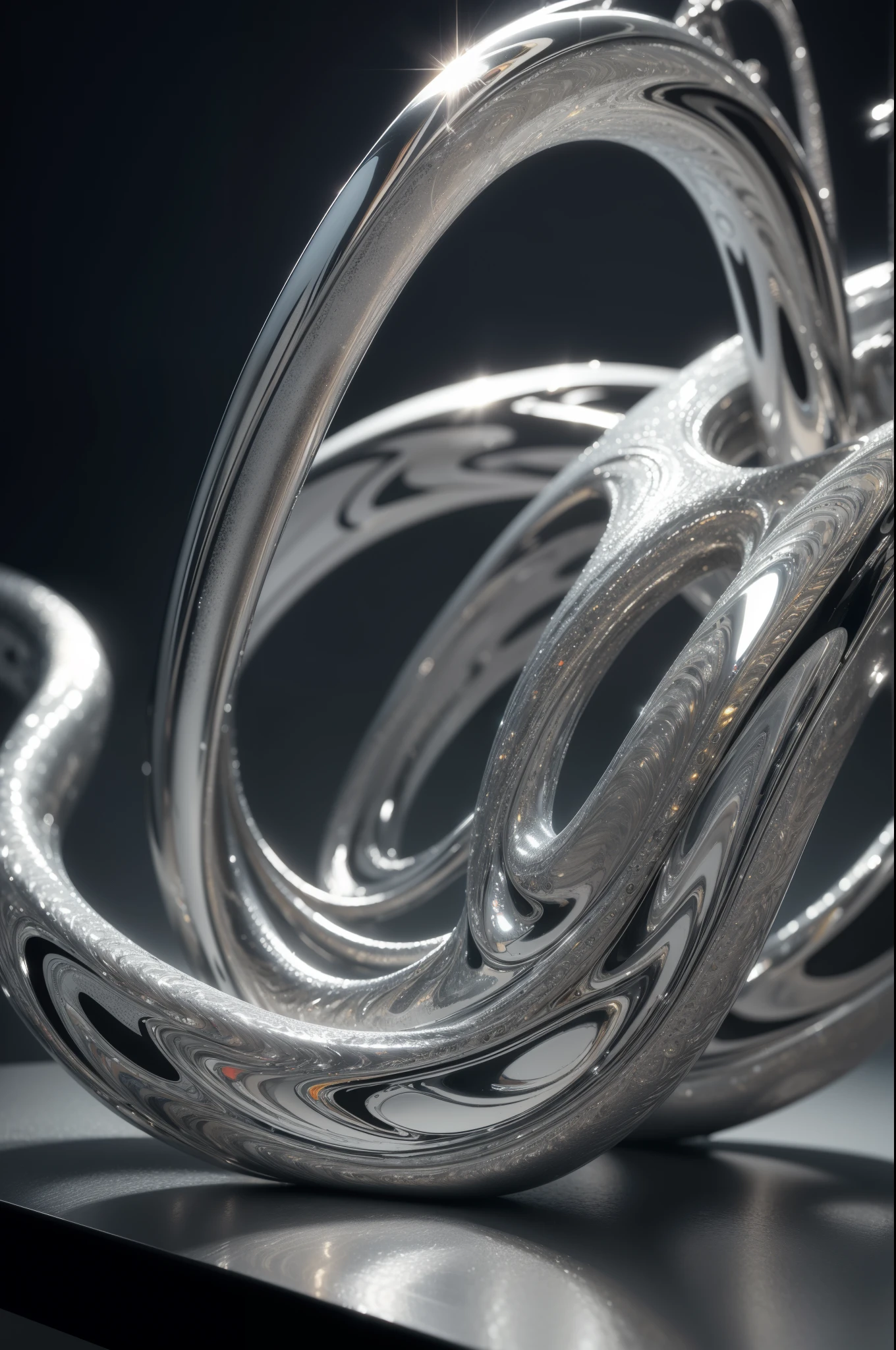 a highly detailed and intricate liquid metal sculpture, brilliant metallic finish, gleaming chrome, dynamic abstract form, complex twisted and flowing shapes, mesmerizing reflections, dramatic lighting, photorealistic, 8k, best quality, high detail, masterpiece
