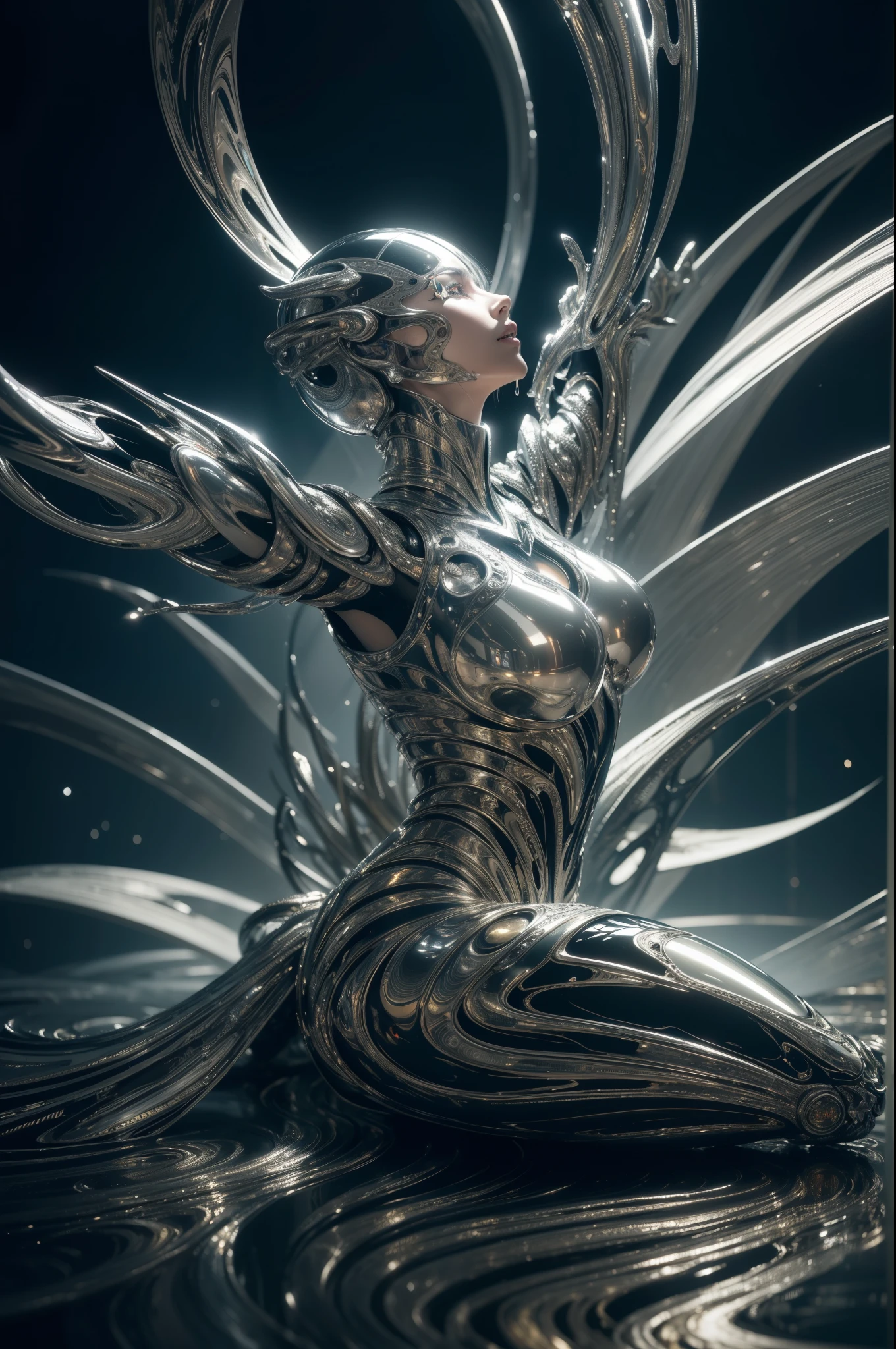 a stunning liquid metal fantasy art, highly detailed 8k, hyper realistic, professional digital painting, intricate metallic robot figure, flowing mercury-like liquid metal, gleaming chrome and gold, surreal and otherworldly, dramatic lighting, moody atmosphere, cinematic composition, glowing energy effects, mesmerizing textures, futuristic cyberpunk, intricate mechanical details, seamless integration of organic and inorganic forms, breathtaking visual complexity, masterfully executed, awe-inspiring and immersive,a highly detailed and intricate liquid metal sculpture, brilliant metallic finish, gleaming chrome, dynamic abstract form, complex twisted and flowing shapes, mesmerizing reflections, dramatic lighting, photorealistic