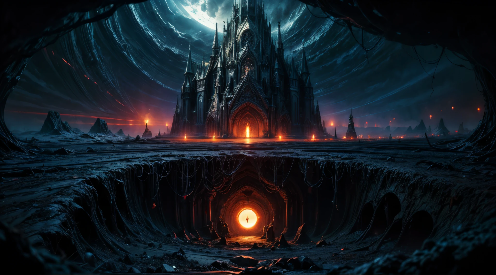 the dark hole in the ground, mysterious atmosphere, hundreds of demonic eyes glowing in the dark, the abyss, the plain around the hole, dom light, from outside, wide shot, 8k, highres, best quality, high details, ccurate, masterpiece