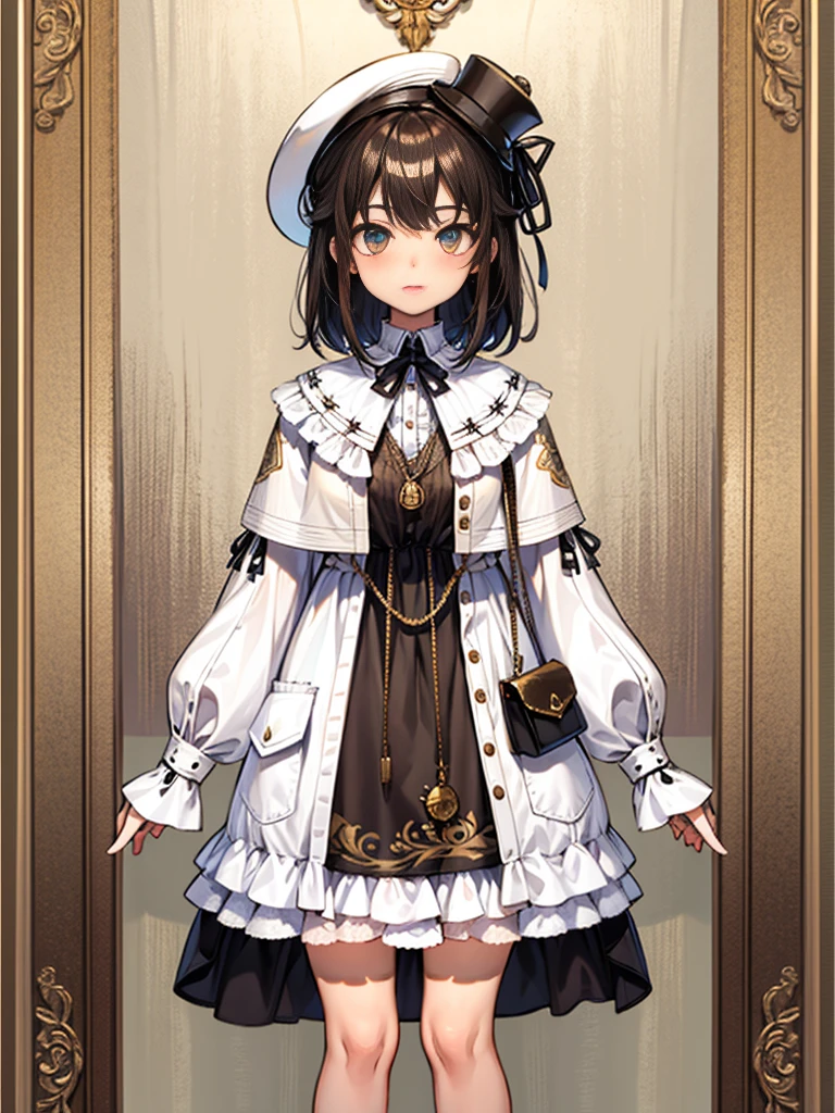 1girl、highest quality、vtuber-fullbody、Milky white short hair、Masterpiece、Official Art、The best composition、Sherlock Holmes costumes、Brown and dark brown checked herringbone hat、A poncho with the same pattern as the hat、White shirt and shorts with the same pattern as the hat、magnifying glass、Detective、A pocket watch hanging from his neck、Standing in front of the viewer、