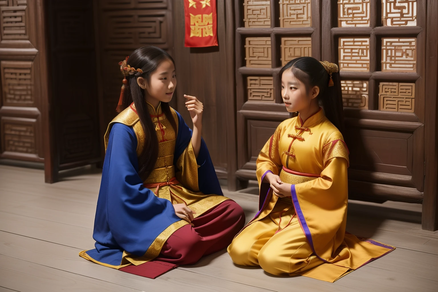 China, 1476. A young ((((-yeld)) Yunxian)), talking with a friend, ((((chinese clothings from the 1470s)))), ((hairstyle of the 1470s)), ((colorful))