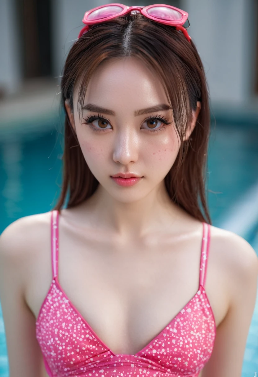 xxxmixgirl,thorough, analog style, focus on eyes, highest quality, (highly detailed skin), photos of exquisitely beautiful pale skin, 21 years old, perfect face, charming eyes, [Yao makeup  Yuan], (drill:0.5), indoor, swimming pool, sexy pink swimsuit (bokeh:0.8), sharp focus, speckled light, (backlight:0.7), film texture, shot  With Sony A7R IV, 18mm F/1.7 scene lens, (high detail, intricate detail), 8a, hdr, seductive pose, front view, (upper body :0.9)  , studio lights, ultra-detailed face, detailed eyes, double eyelid, Alice switch, brown eyes, (full body close-up view),