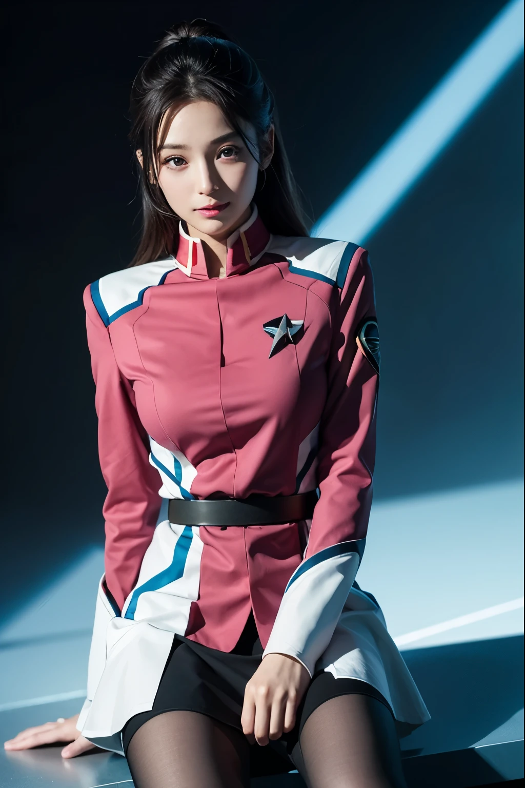 Tabletop, highest quality, 8k、(Golden ratio face、Balanced Eyepread legs,show while panties,Very gentle eyelids)、double eyelid、Innocent face、Young Face、Beautiful nose、Embarrassed laugh、Lip gloss 、Very beautiful girl、Beautiful girl solo like a model、 Wearing Starfleet uniforms, Starfleet uniform、Clear costume design、Blue Hair、Put the headset on your head、Skirt、pantyhose、Android、battleship cockpit,ＳＦworld,Anime World Girl、Futuristic Background、