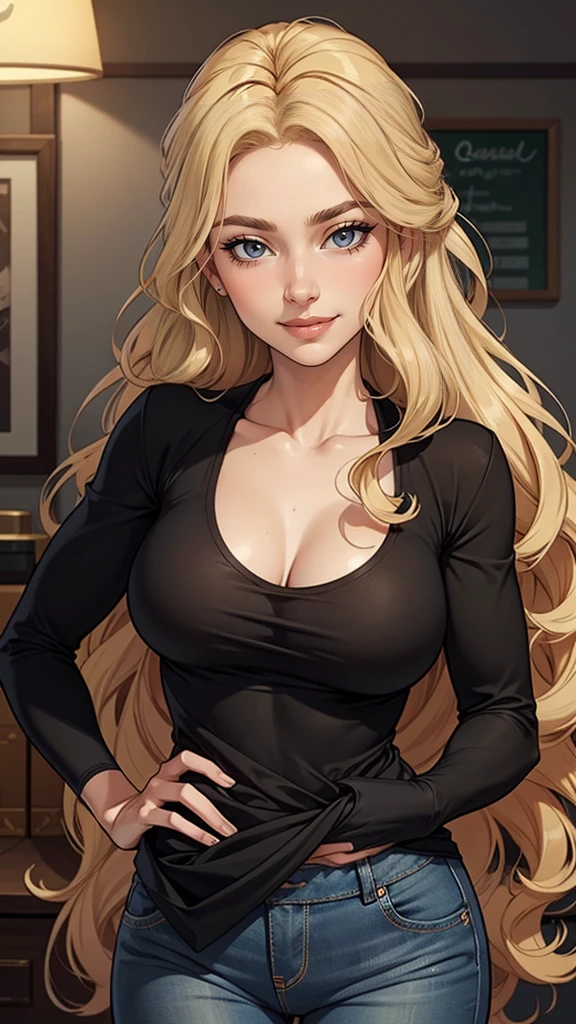 mulher de 35 anos, very long blonde hair down to the waist and half curly with bangs, Seios pequenos, olhos grandes com um brilho apaixonado, olhos verdes mel, Um lindo sorriso, wearing a long black t-shirt with a green feminine suit and jeans, in a serious and sweet comic-style pose, alta qualidade
