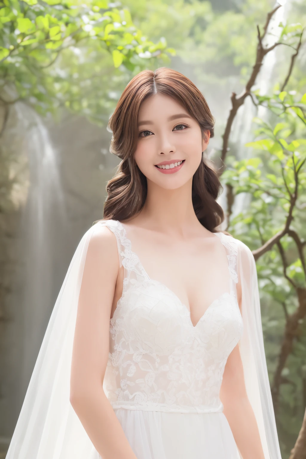 (highest quality、4k、8k、High resolution、master piece: 1.2)、Super detailed、(real、photorealistic、photorealistic: 1.37),((White see through Cape and elegant White long dress)), ((waterfall-hairstyle)),Complex and beautiful eyes、woman、Feminine hairstyle、natural color lip、(( posing))、smile, standing in a museum 