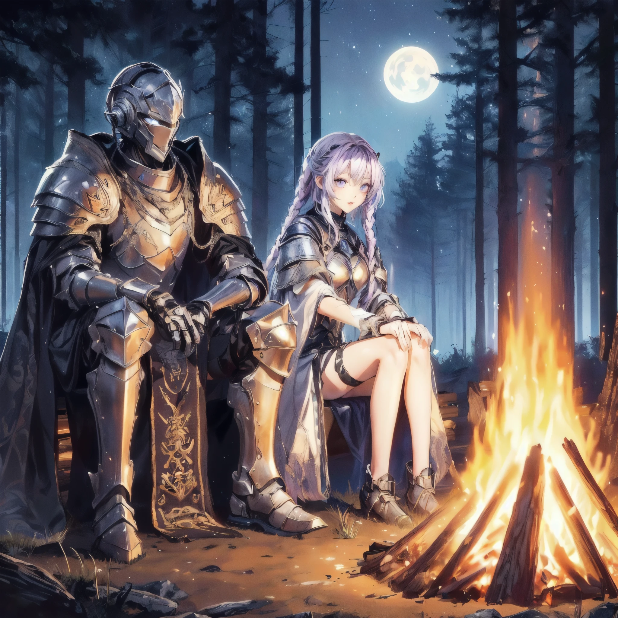 A medieval knight in full metal armor with runes, sitting next to a bonfire and watching it. On the opposite side of the bonfire is a girl with light purple hair and two long braids, in a sci-fi modern open suit, looking at the bonfire. This scene is set in the middle of a fantasy forest at midnight with mild moonlight and many tall pine trees. The image should be in anime aesthetics, stylish, beautiful, long flowing beautiful plum-colored hair, light violet eyes, well-maintained hair, and a black revealing high-tech suit, sitting comfortably, talking. The atmosphere is calm at night, with beautiful scenery, wide shot, wide-angle, high-res, 4K, 8K, accurate, masterpiece, retina, UHD, high quality, super detail. 