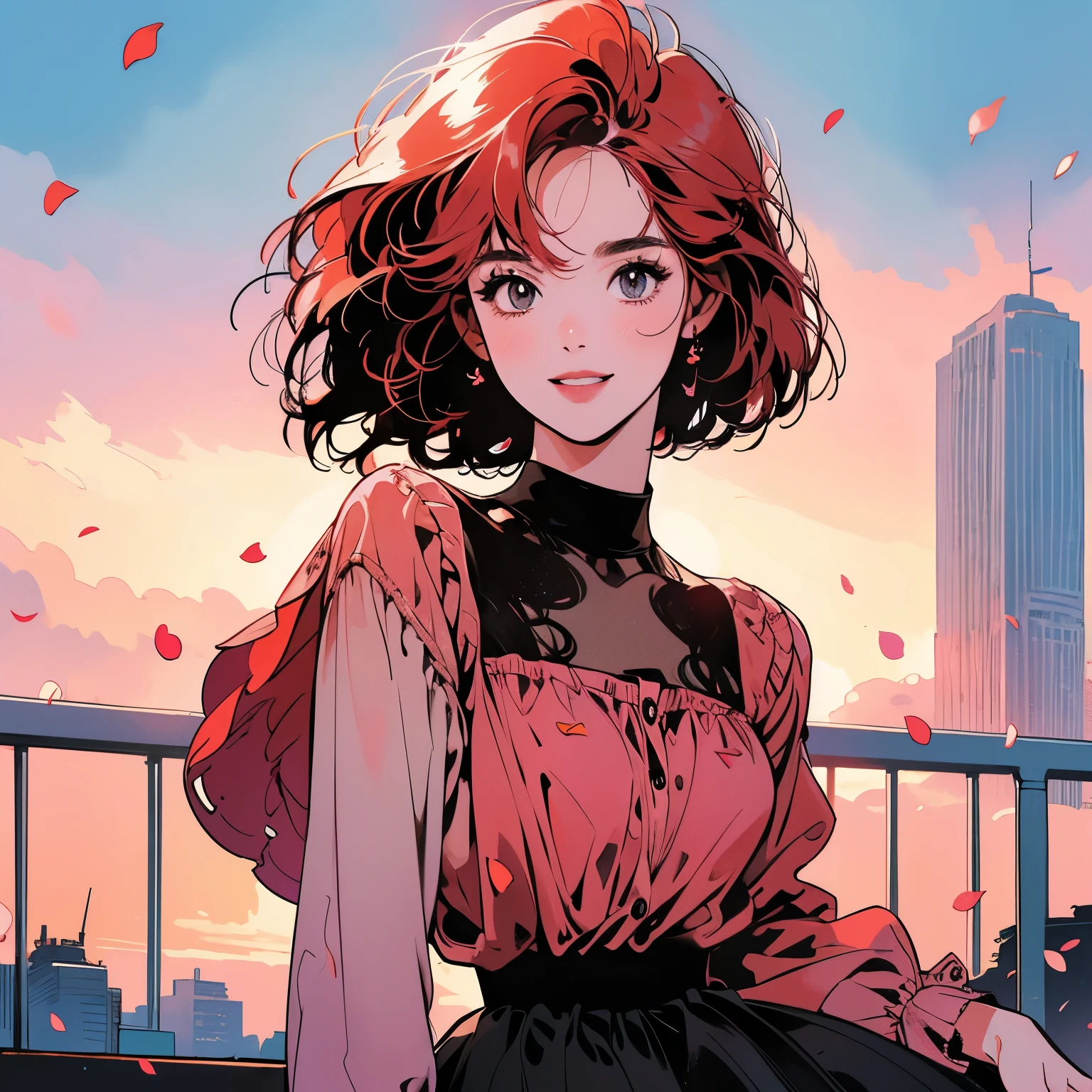 whole body、Kind Face、1 pretty woman、4k、Black blouse、skirt、Rooftop、skyscraper、Large space、Sunset、Complex background、Detailed Hair、smile、pale red hair、Faint lighting、Petals are dancing、short hair length