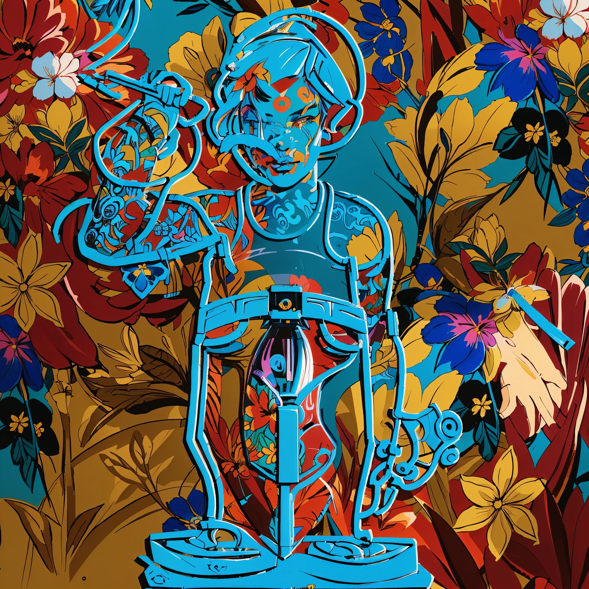 brightly colored floral background with a blue vase and a blue cat, stylized digital illustration, in style of digital illustration, psychedelic hip hop, tristan eaton's wallpaper, psychedelic hip-hop, psychedelic organic cyborg, dmt art, in style of digital art, digital art ”, digital art”, maximalism digital art, artistic digital art, stylized digital art