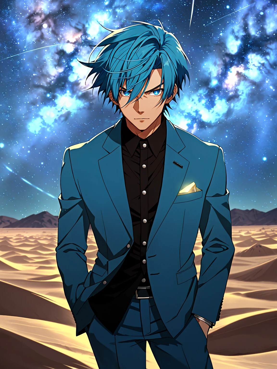Anime - Man with short blue hair and blue suit,Desert at night,blue eyes,against the background of the Milky Way,Starry Sky,