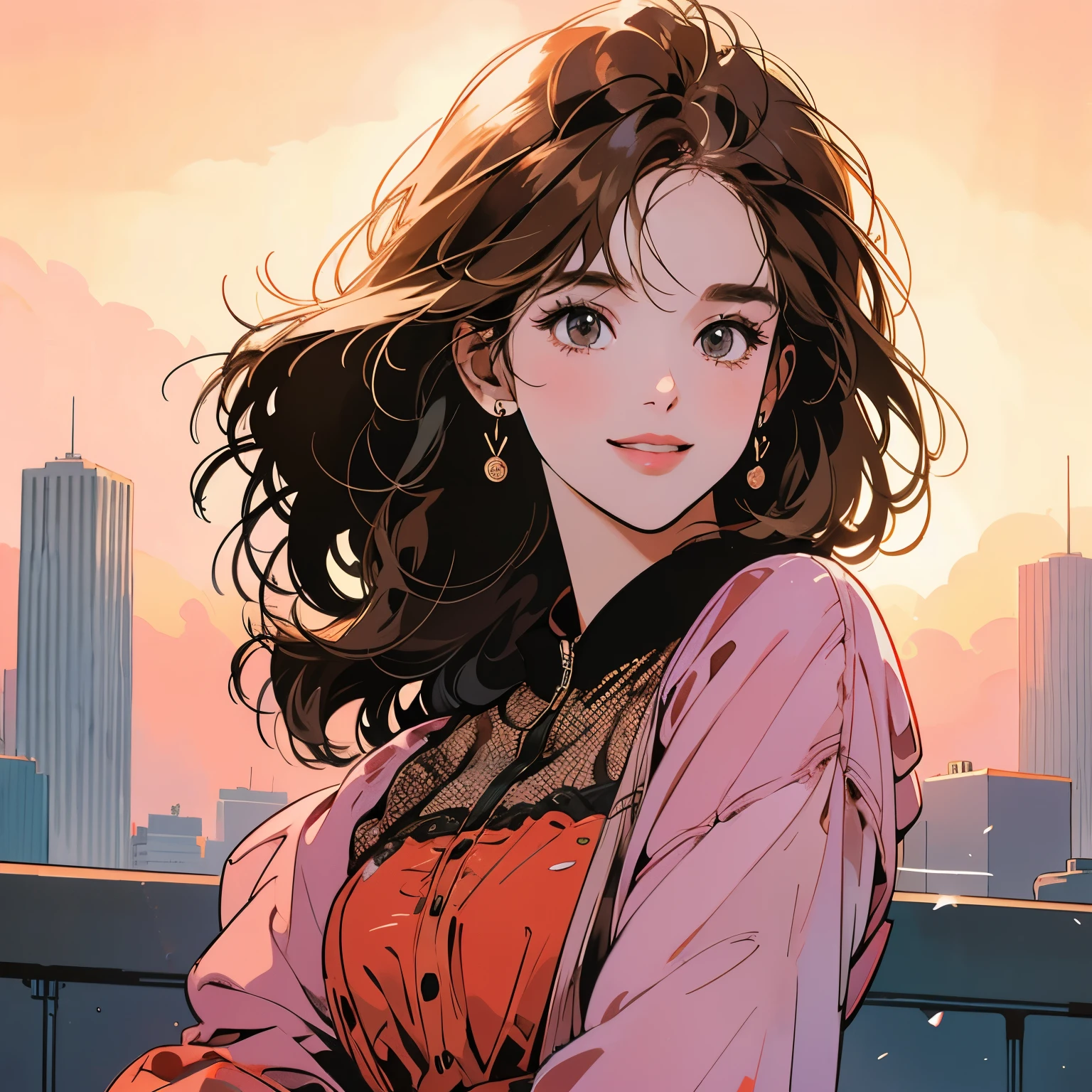 whole body、Kind Face、1 pretty woman、4k、Rooftop、skyscraper、Large space、Sunset、Complex background、Detailed Hair、smile、Light brown hair、Faint lighting、Short Hair