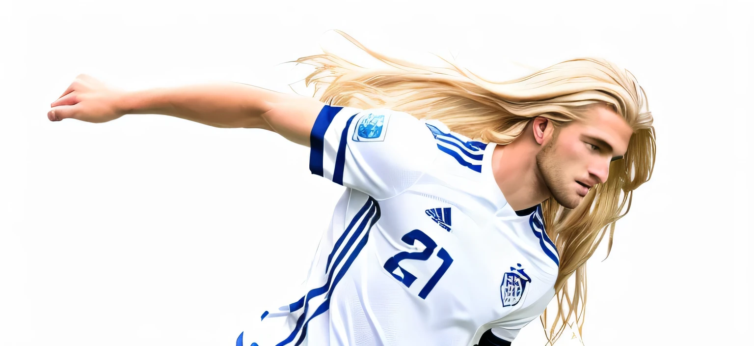Male soccer player, long blonde hair, handsome