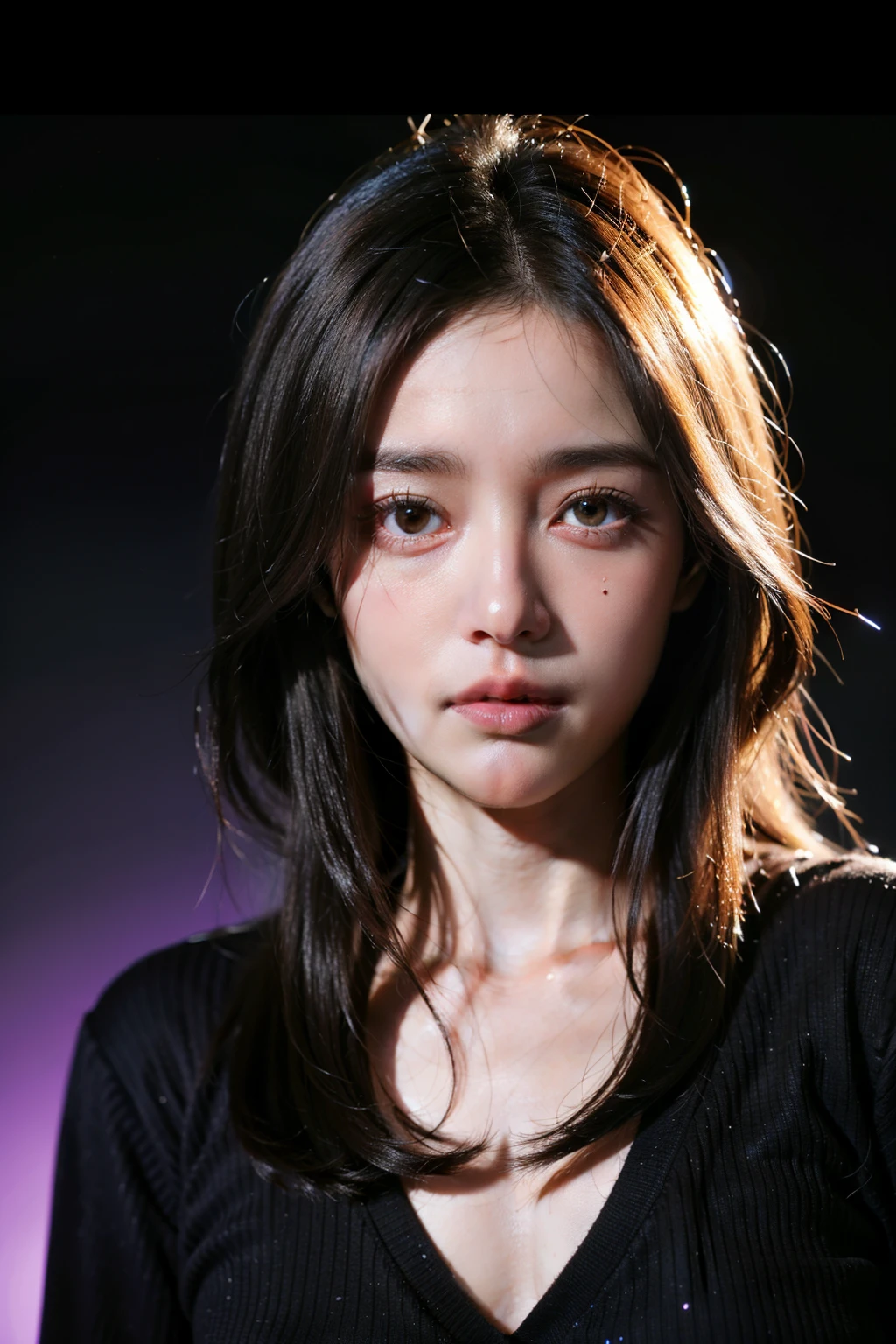 (masterpiece, highest quality, Super detailed, Best Shadow), (Detailed Background,Dark fantasy), (Beautifully detailed face), High Contrast, (Best lighting, Very delicate and beautiful), ((Cinematic Light)), colorful, Hyper Detail, Dramatic Light, Intricate details, (One girl, alone,Gray Hair, Sharp Face, Purple eyes, Hair between the eyes, Dynamic Angle), Blood splatter, (Black light swirling around the character:1.5), Depth of written boundary, black light particles, (Broken glass), magic circle