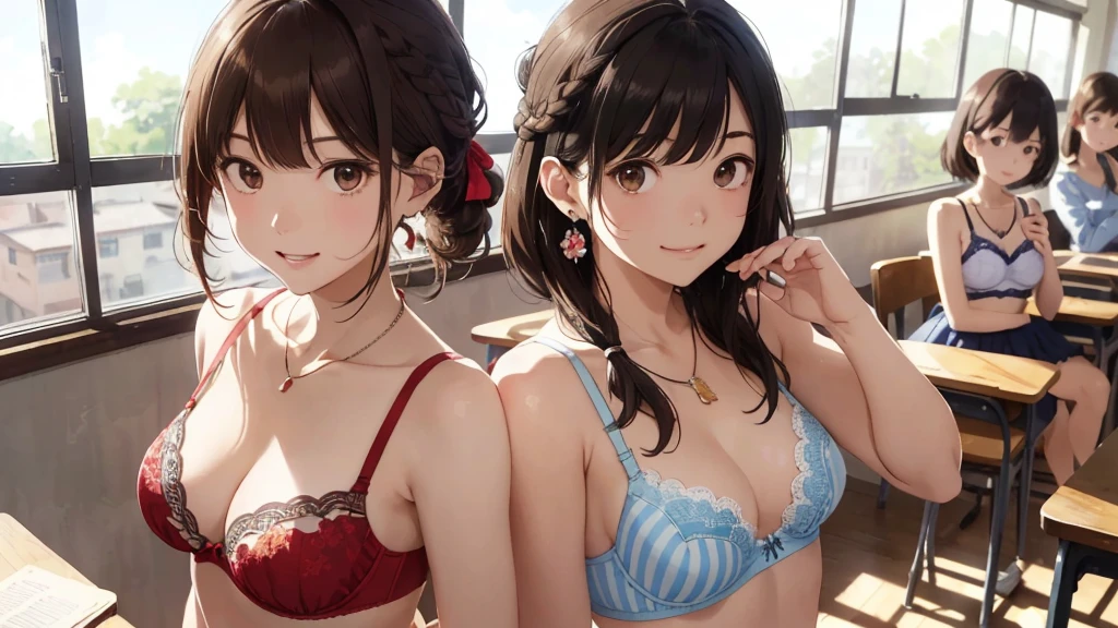 (2young girls), (Best Quality:1.4), (Ultra-detailed), (extremely detailed CG unified 8k wallpaper), Highly detailed, High-definition raw color photos, Professional Photography, Amazing face and eyes, Pink eyes, (highly detailed Beautiful face), ((Beautiful big breasts)), ((bare breasts)), (Pink floral hair ornament), brown hair, (See-through sheer microbra:1.6), (no panties:1.3), cameltoe, ((open legs)), School, classroom,