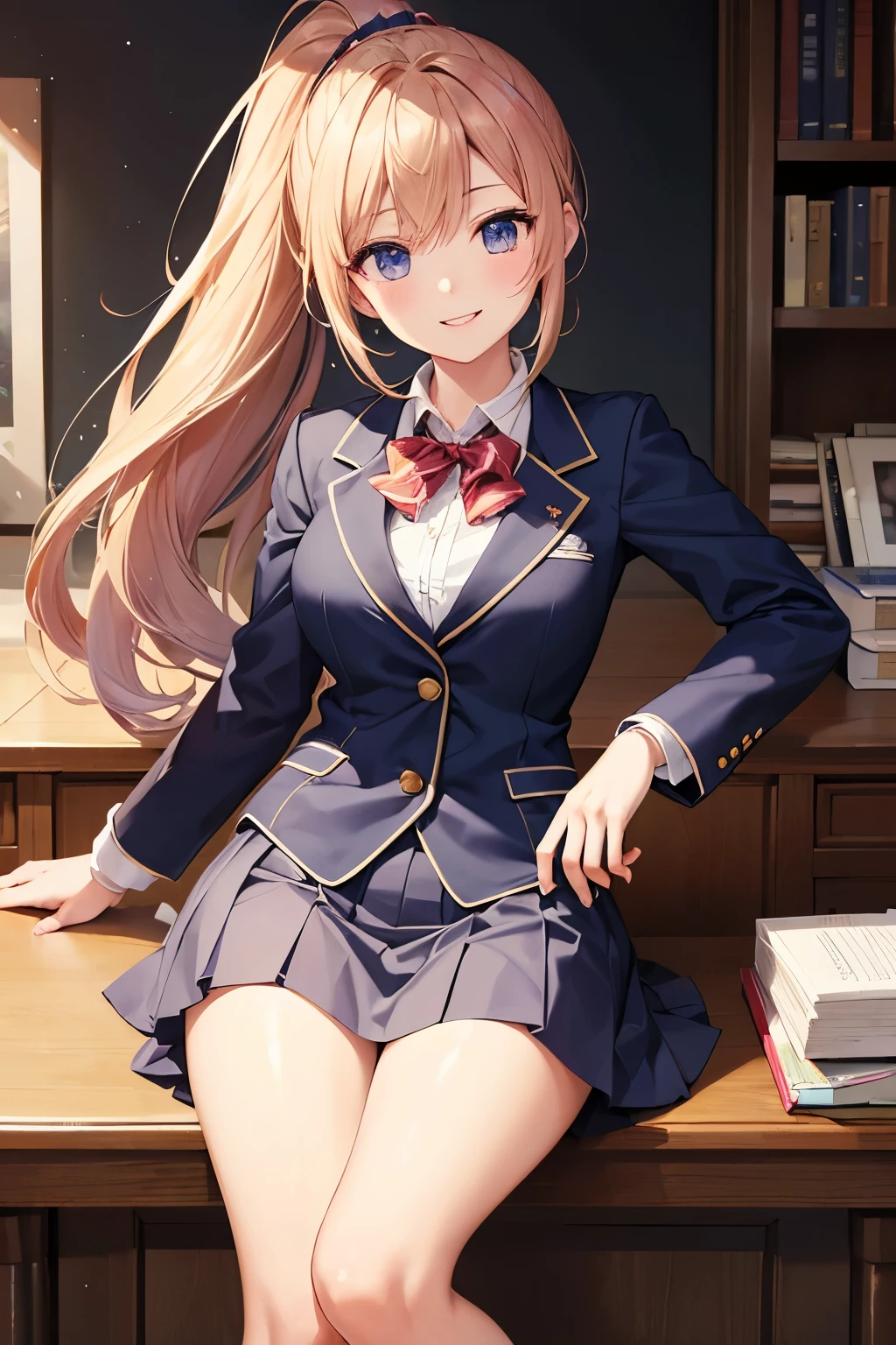 ((masterpiece、highest quality))、An illustration、Very detailed、high school girl、whole body、ponytail、uniform、blazer、smile