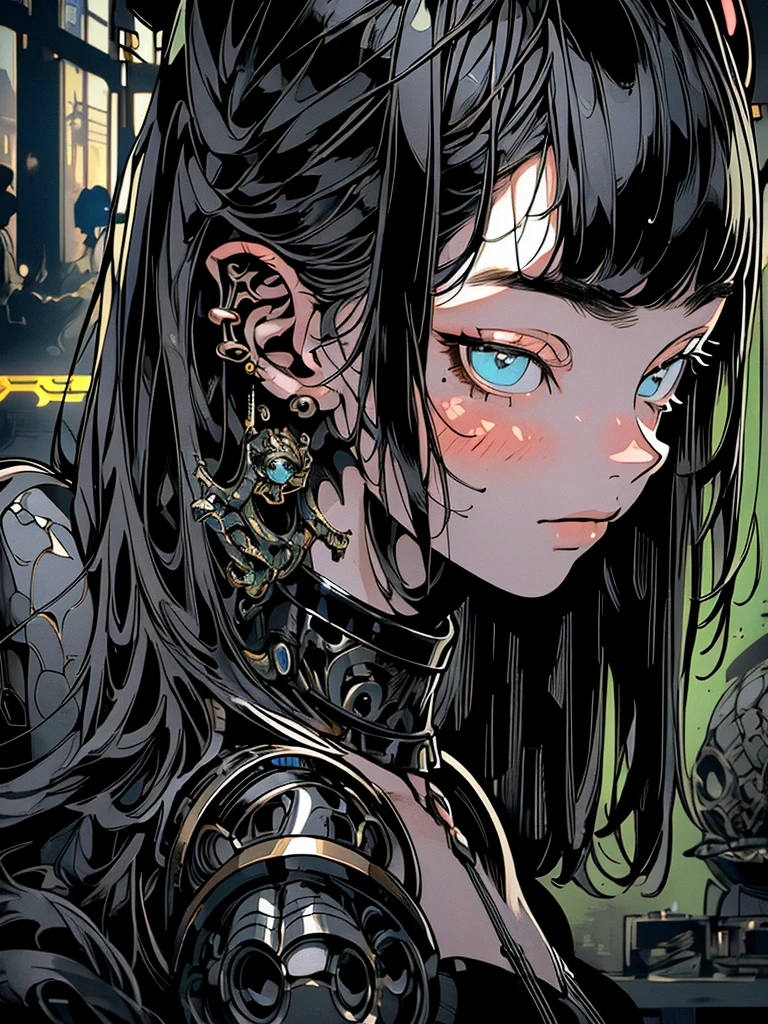 Top Quality, Masterpiece, Ultra High Resolution, ((Photorealistic: 1.4), Raw Photo, 1 cyberpunk Girl, Glossy Skin, 1 Mechanical Girl, (Ultra Realistic Details)), mechanical limbs, tubes connected to the mechanical parts, mechanical vertebrae attached to the spine, mechanical cervical attachment to the neck, wires and cables connecting to the head, Evangelion, Ghost in the Shell, small glowing LED lamps, global lighting, deep shadows, Octane Rendering, 8K, Ultra Sharp, Metal, Intricate Ornament Details, baroque details, Very intricate details, realistic light, CGSoation trend, facing the camera, neon details, (android manufactory in background), art by H.R. Giger and Alphonse Mucha.