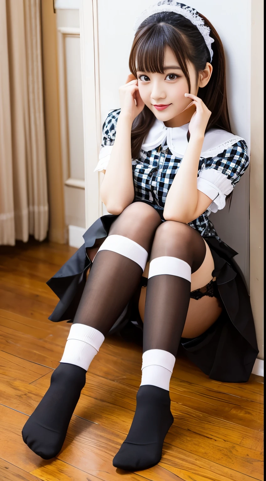 Gingham check erotic beauty high quality maid woman knee high socks panty shot