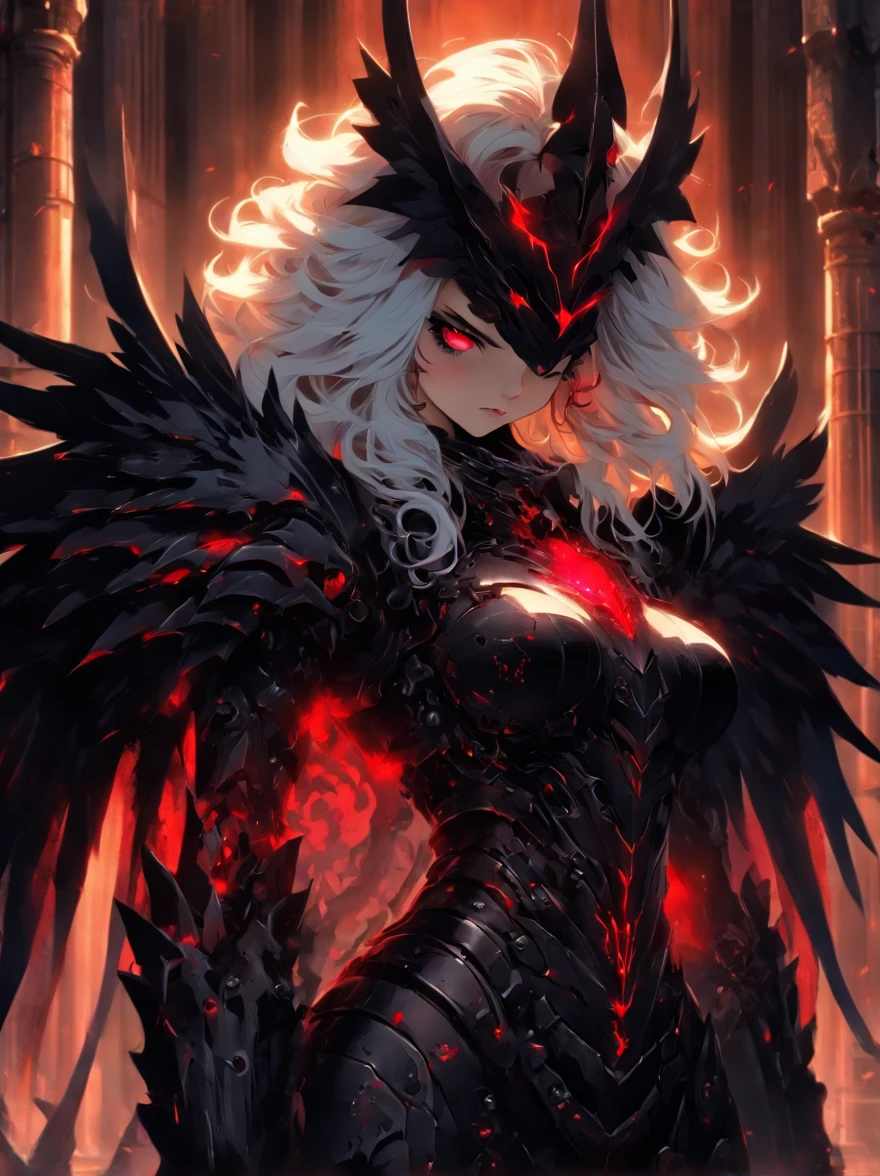 queen power armor  , (gothic style), full body view , bellybutton, The most beautiful and sexy demon goddess, long white hair, glowing red eyes, wearing detailed black gothic battle armor, black angel wings, tattoos and piercings, gothic castle, perfect masterpiece, high quality, high resolution
