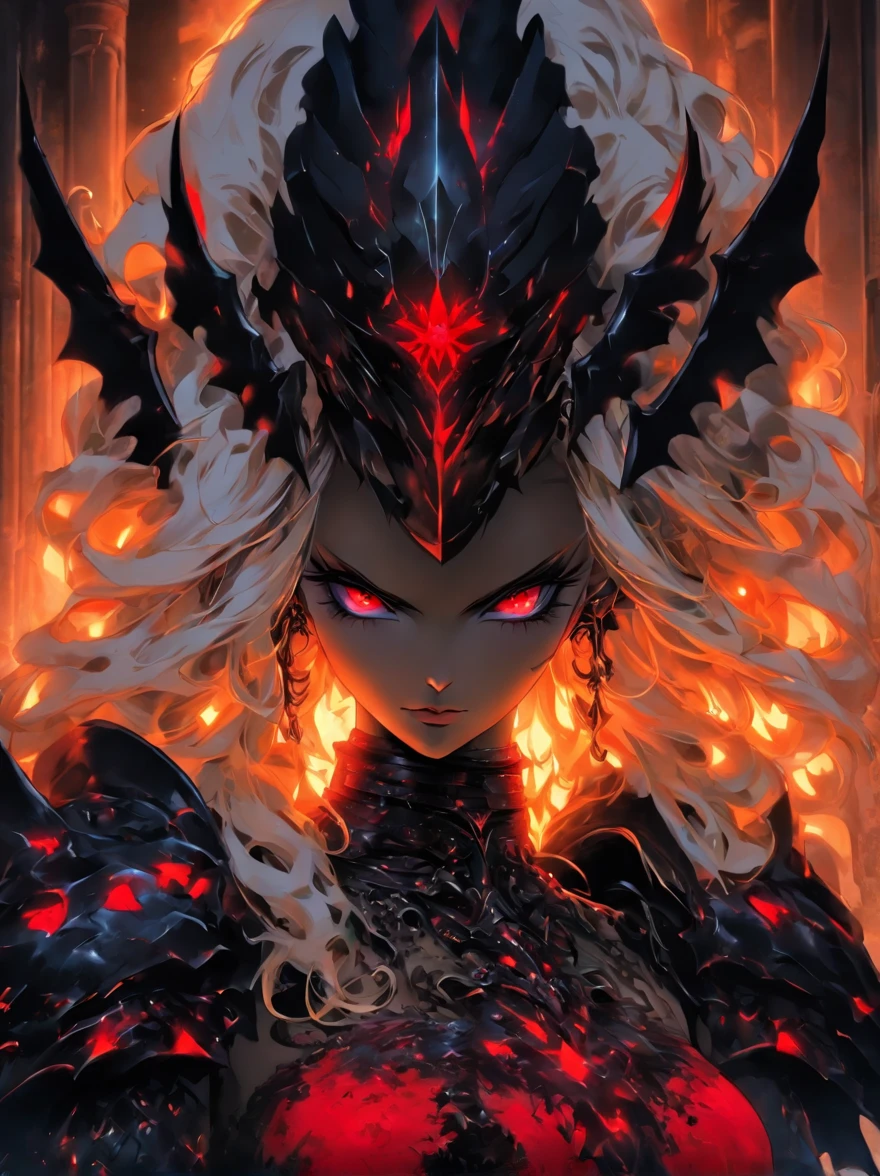queen power armor , (gothic style), full body view , bellybutton, The most beautiful and sexy demon goddess, long white hair, glowing red eyes, wearing detailed black gothic battle armor, black angel wings, tattoos and piercings, gothic castle, perfect masterpiece, high quality, high resolution