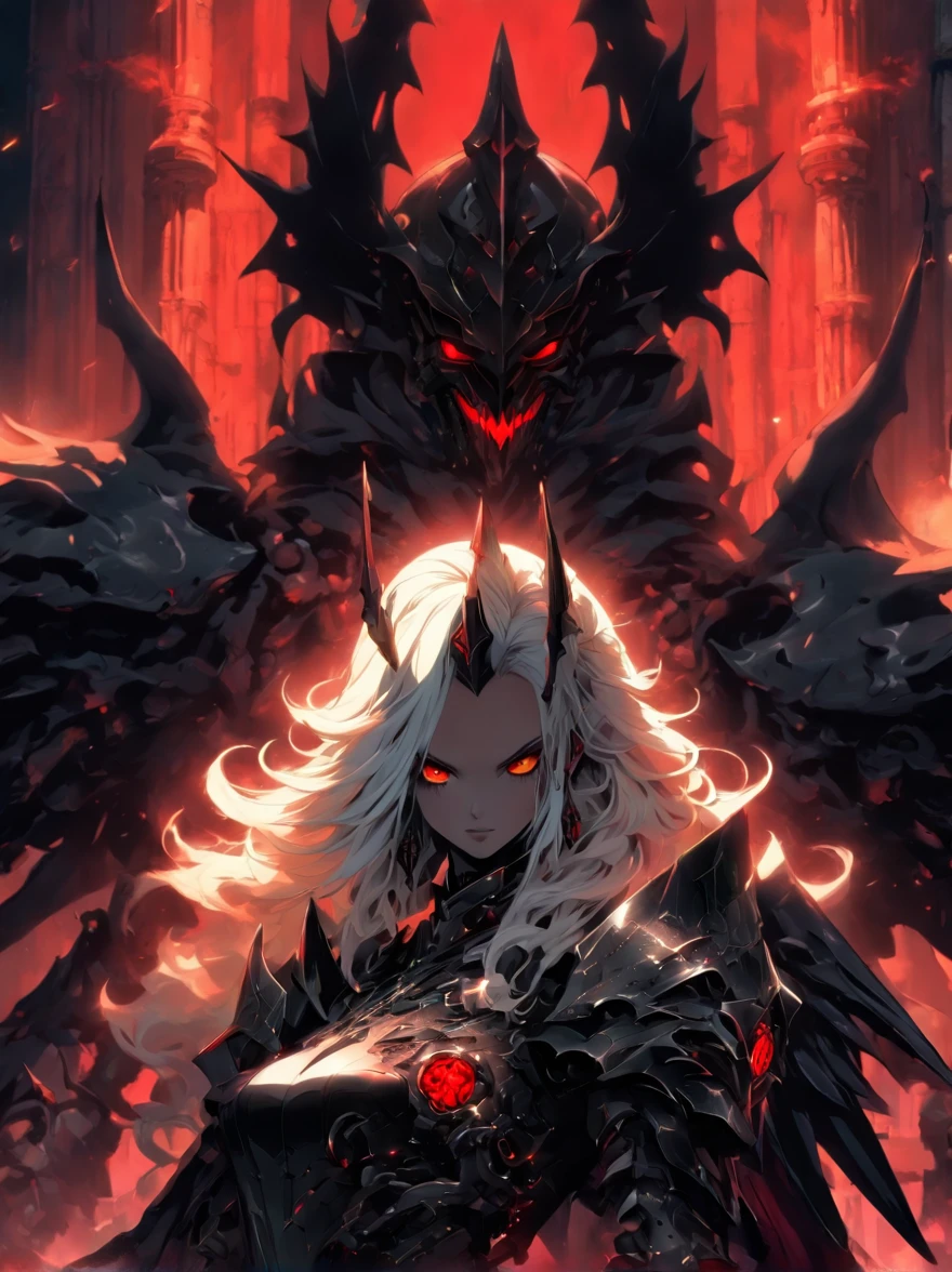 queen power armor , (gothic style), full body view , bellybutton, The most beautiful and sexy demon goddess, long white hair, glowing red eyes, wearing detailed black gothic battle armor, black angel wings, tattoos and piercings, gothic castle, perfect masterpiece, high quality, high resolution