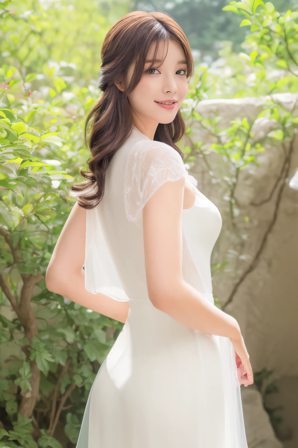 (highest quality、4k、8k、High resolution、master piece: 1.2)、Super detailed、(real、photorealistic、photorealistic: 1.37),((White see through Cape and elegant White long dress)), ((waterfall-hairstyle)),Complex and beautiful eyes、woman、Feminine hairstyle、natural color lip、(( posing))、smile, standing in a museum hall,